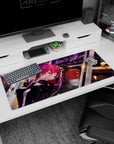 Red-haired anime girl with golden eyes flashing a peace sign on a 36x16 inches extended desk pad.