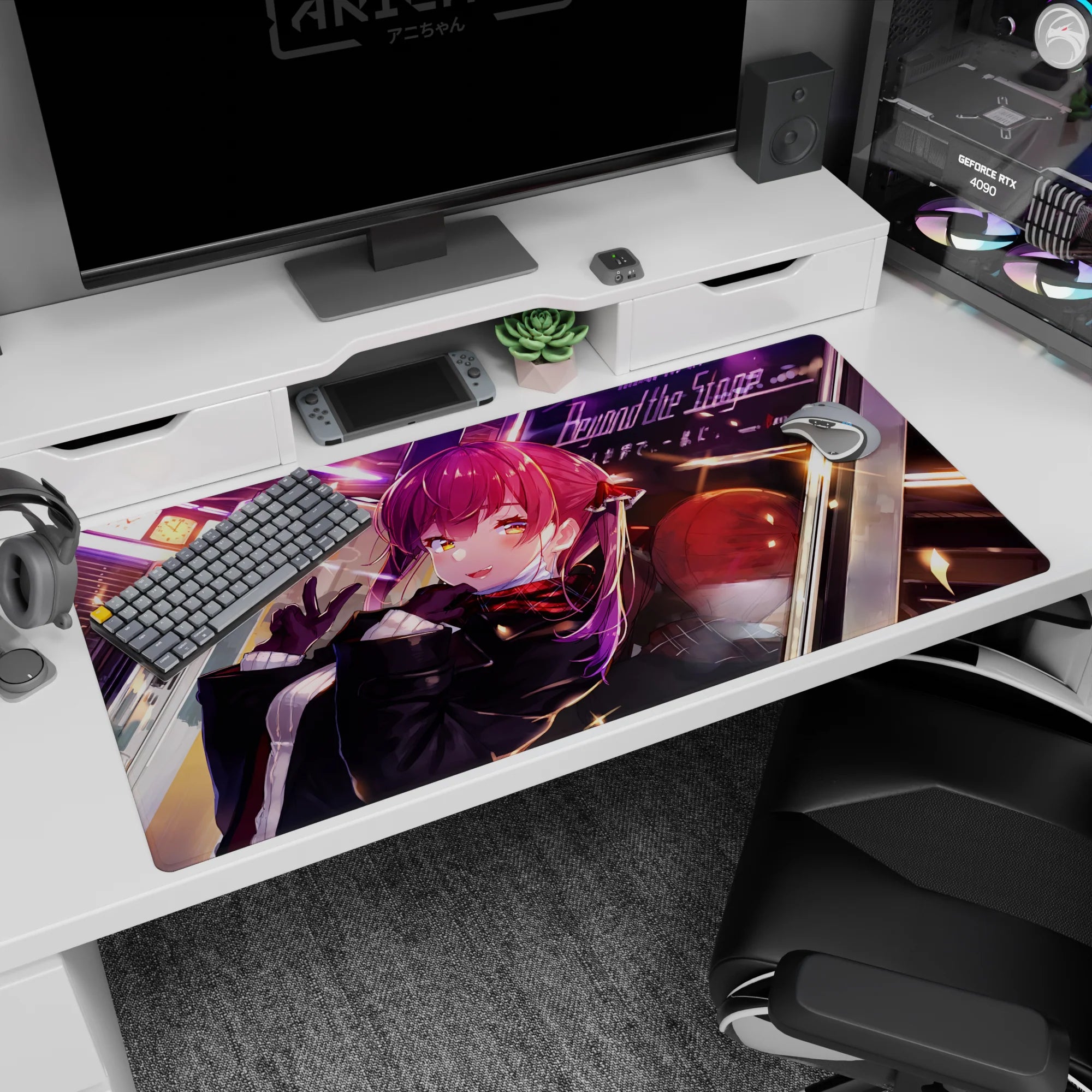 Red-haired anime girl with golden eyes and glossy highlights, peace sign pose on a 40x20 inches desk pad.