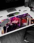 Red-haired anime girl with golden eyes and glossy highlights, peace sign pose on a 40x20 inches desk pad.