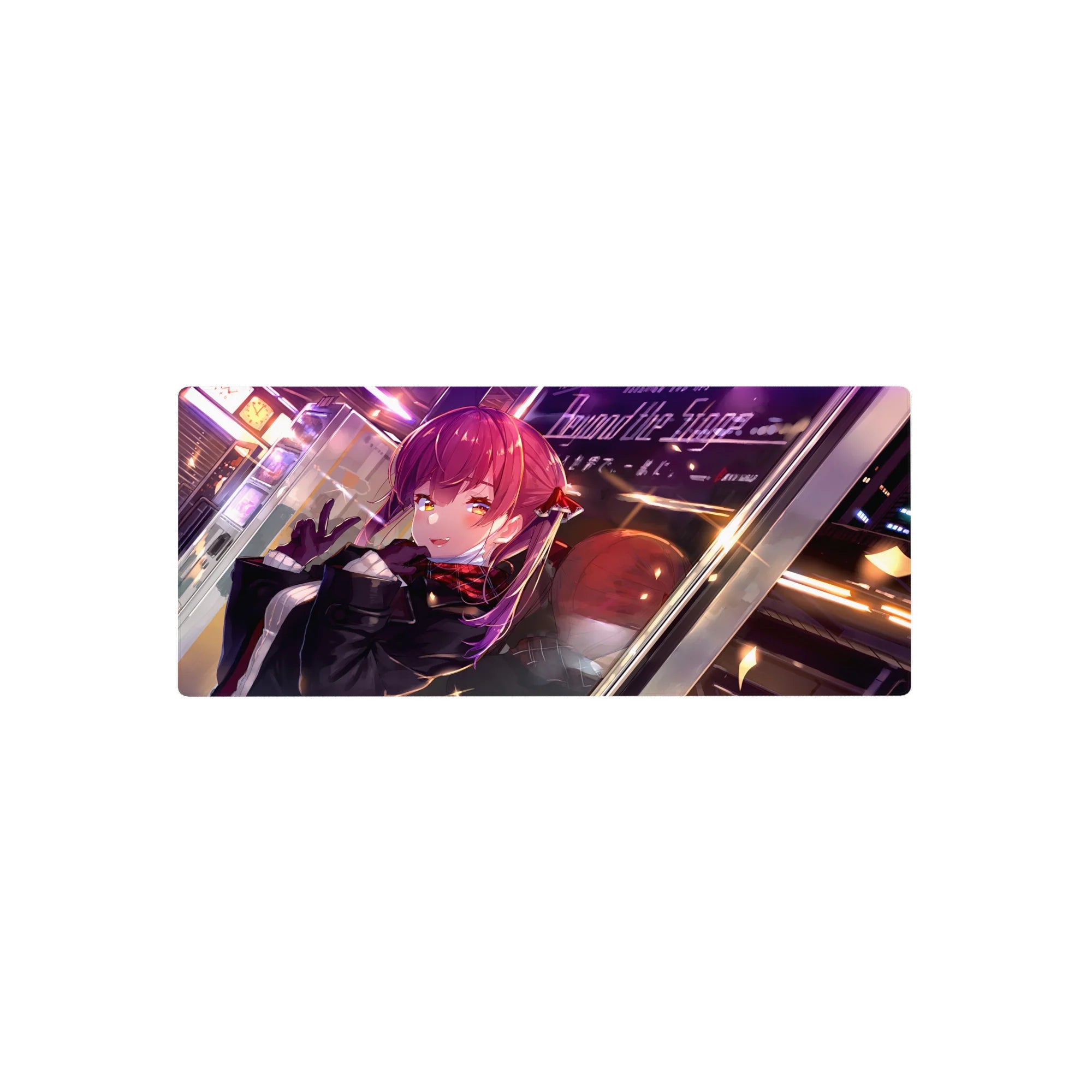28x12 inches anime girl mouse pad with red-haired girl flashing a peace sign in a neon city glow.