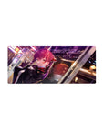 28x12 inches anime girl mouse pad with red-haired girl flashing a peace sign in a neon city glow.
