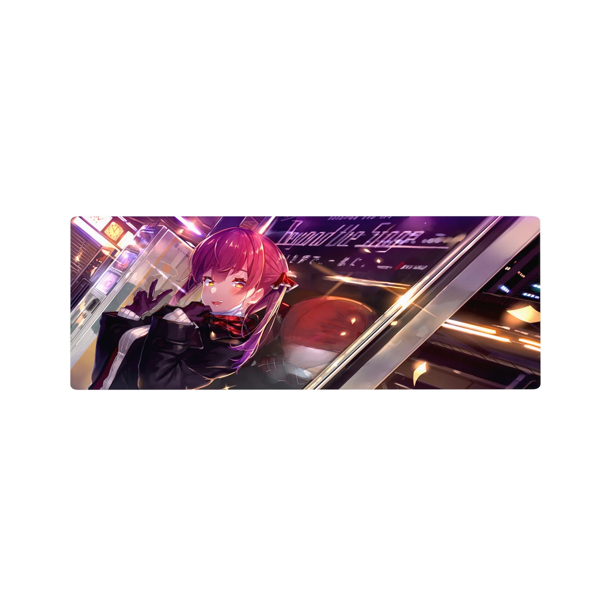 Anime girl mouse pad 32x12 inches with red-haired anime cutie, peace sign, glossy neon city style.