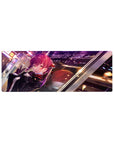 Anime girl mouse pad 32x12 inches with red-haired anime cutie, peace sign, glossy neon city style.