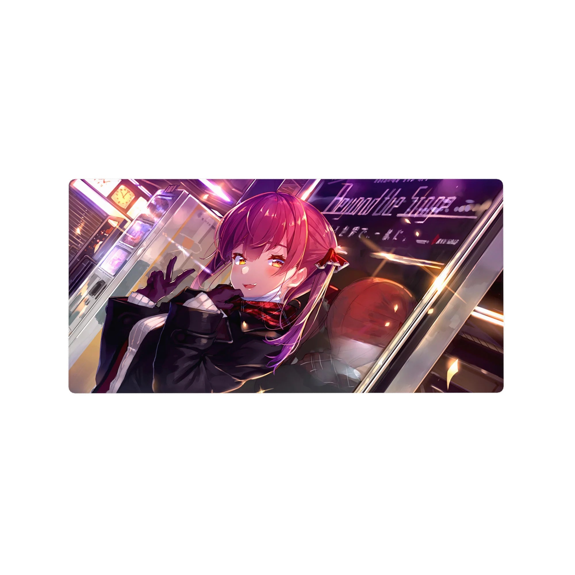 32x16 inches anime girl mouse pad with red-haired kawaii girl, peace sign pose, neon city sparkle art.