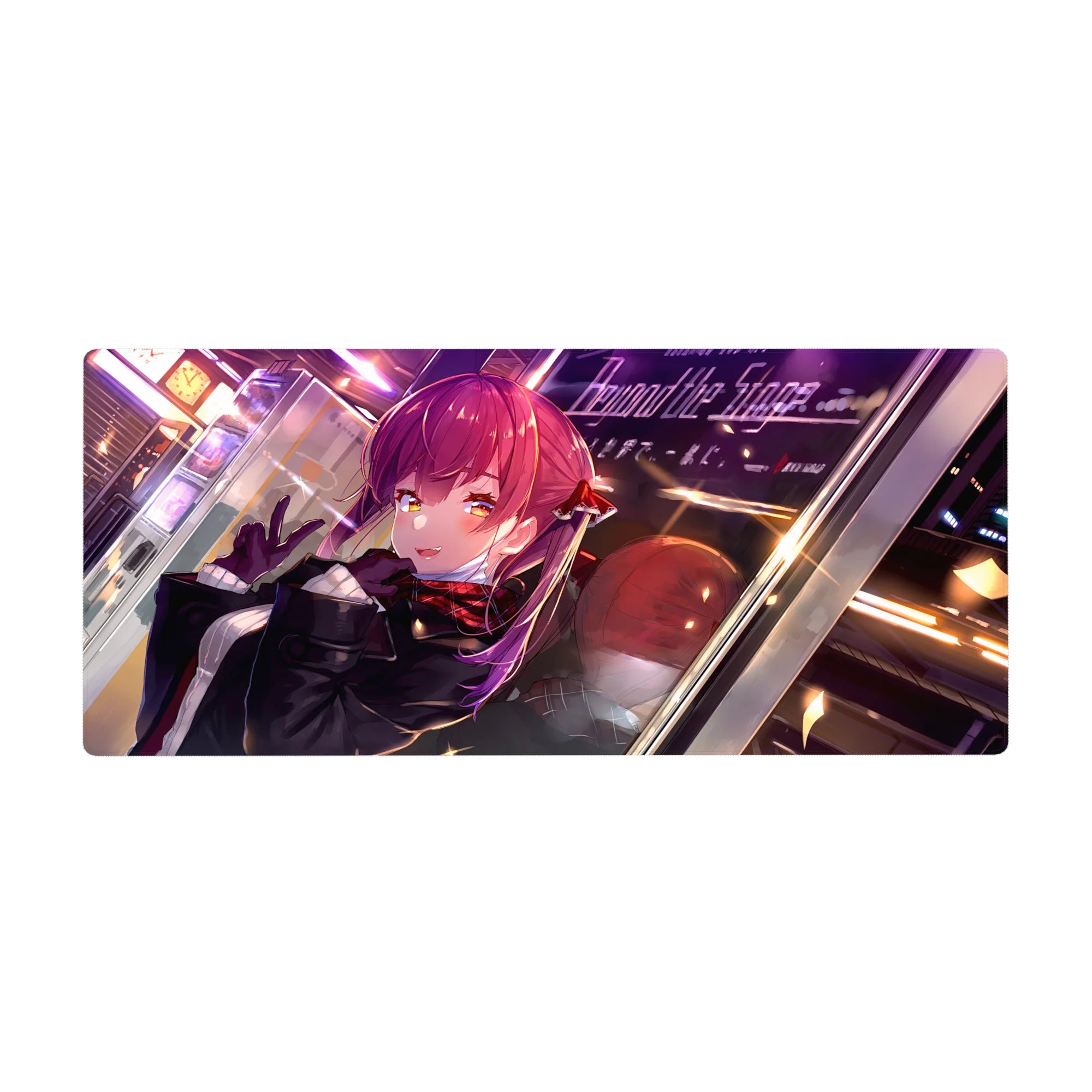 Anime girl desk pad 36x16 inches with red-haired character, peace sign pose, neon city sparkle art.