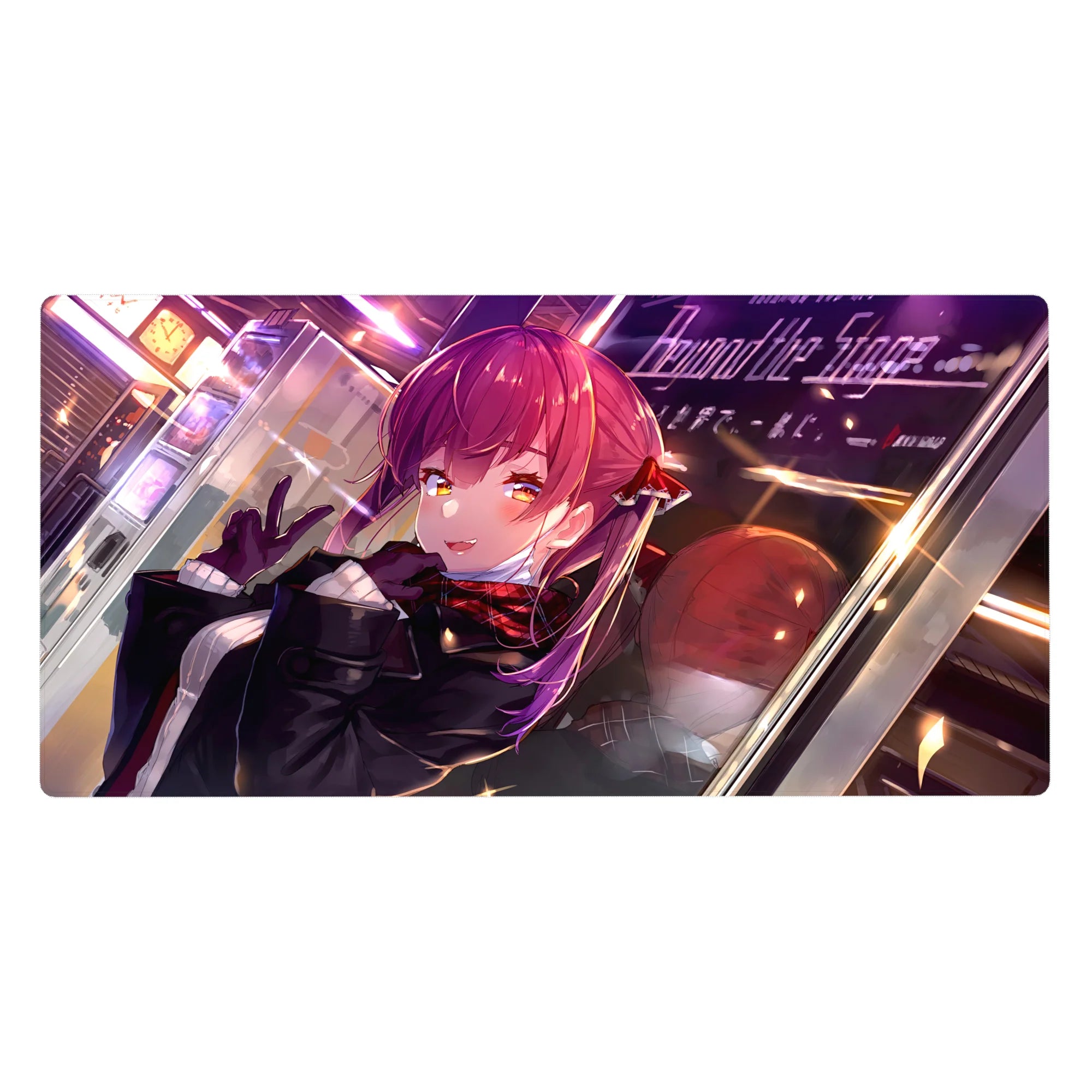 Anime girl desk pad 40x20 inches with red-haired cute character flashing a peace sign in neon city glow.