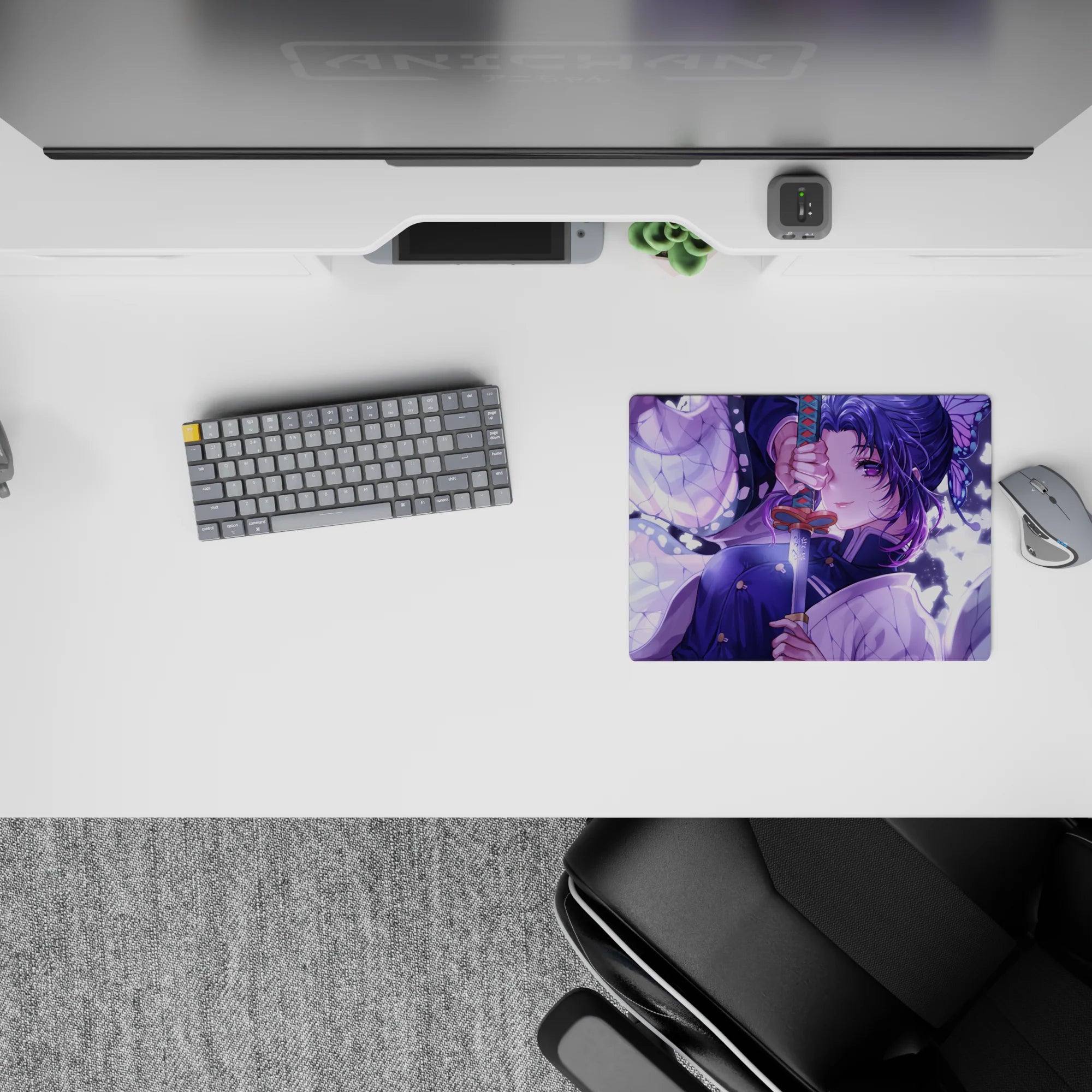 Anime mouse pad 14x10 inches featuring Shinobu from Demon Slayer with lilac swirls and butterfly-wing haori under moonlight.