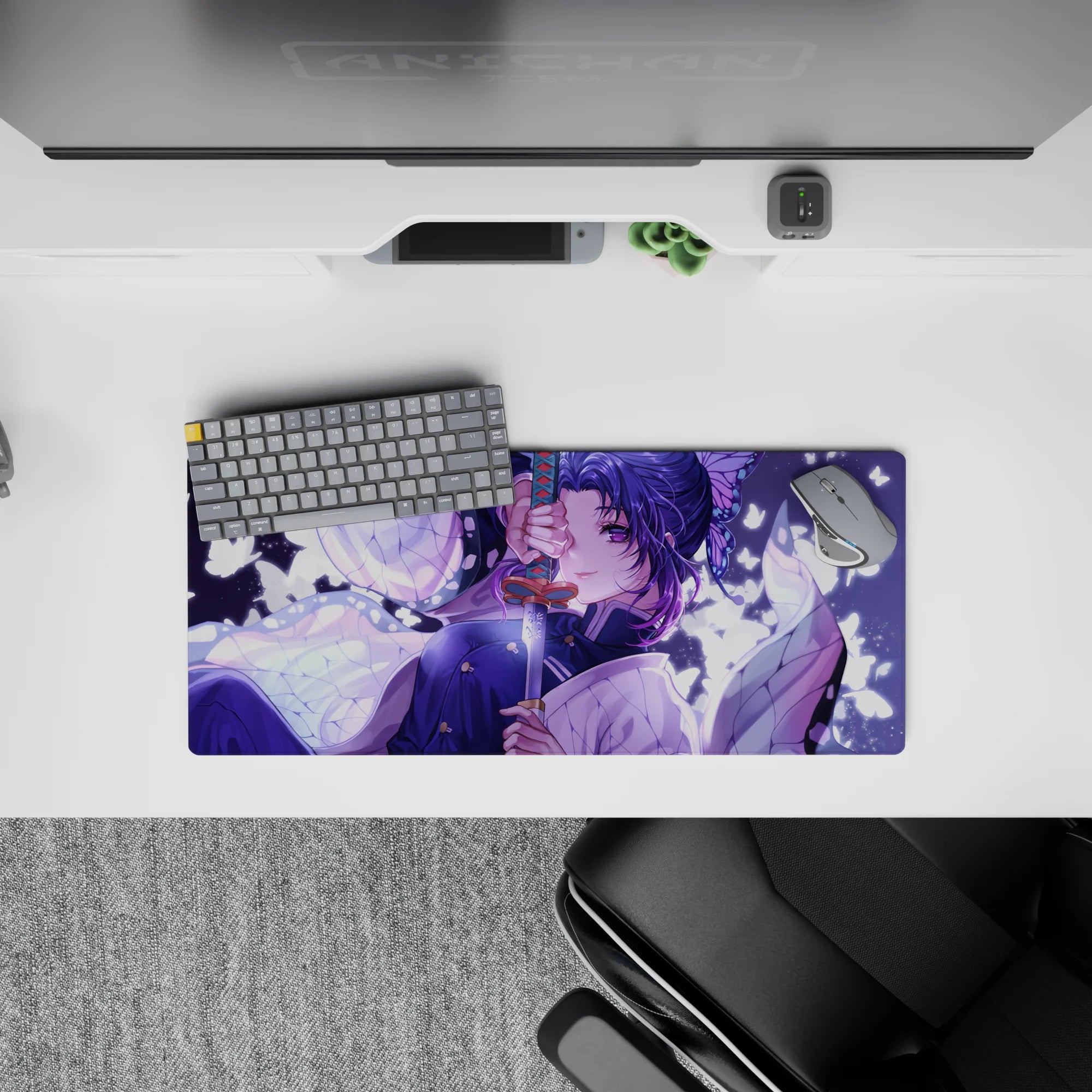 Anime mouse pad 28x12 inches featuring Shinobu from Demon Slayer with lilac swirls and white butterflies in the moonlight.
