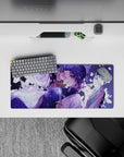 Anime mouse pad 28x12 inches featuring Shinobu from Demon Slayer with lilac swirls and white butterflies in the moonlight.