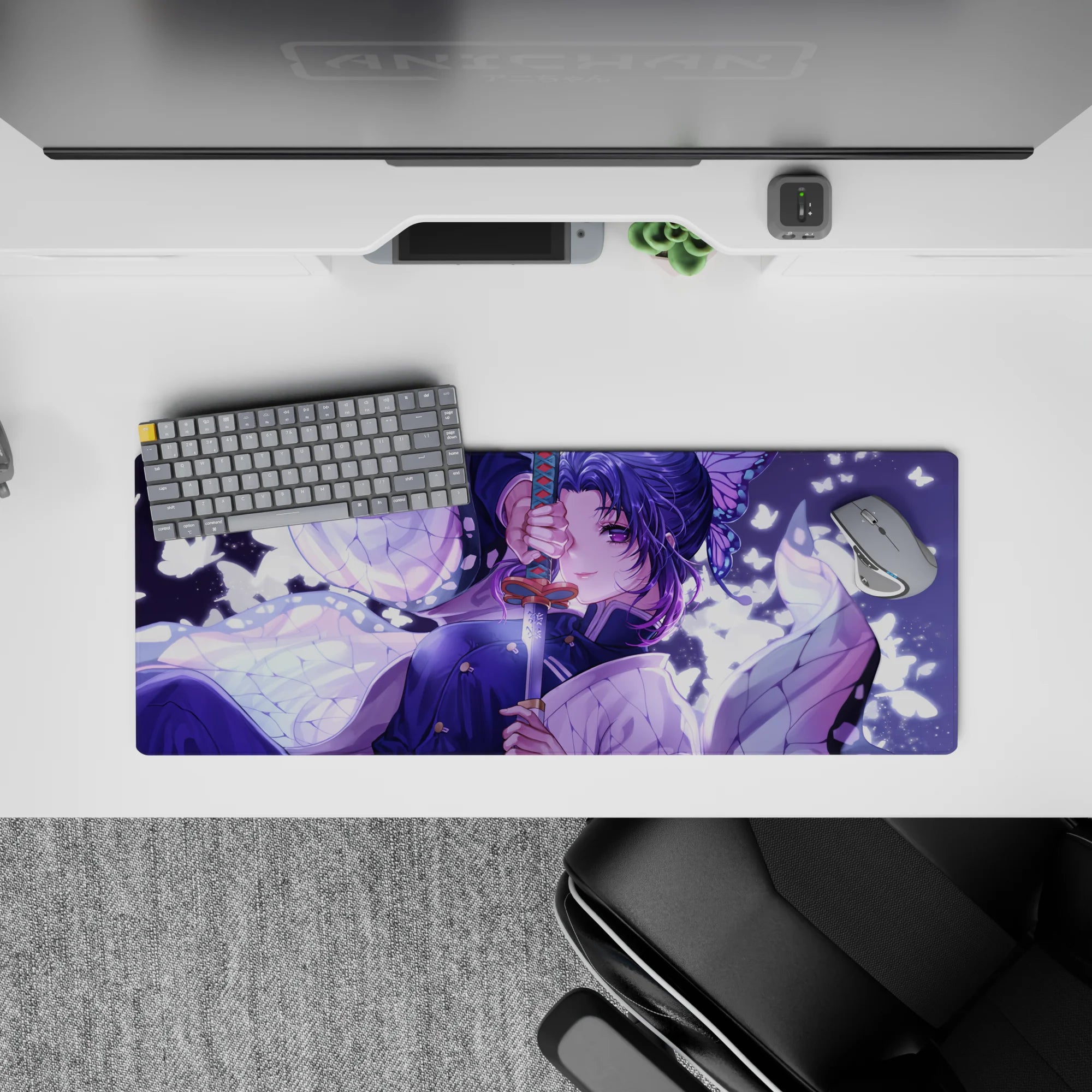 Anime mouse pad 32x12 inches featuring Shinobu from Demon Slayer with lilac and white butterflies in moonlight.