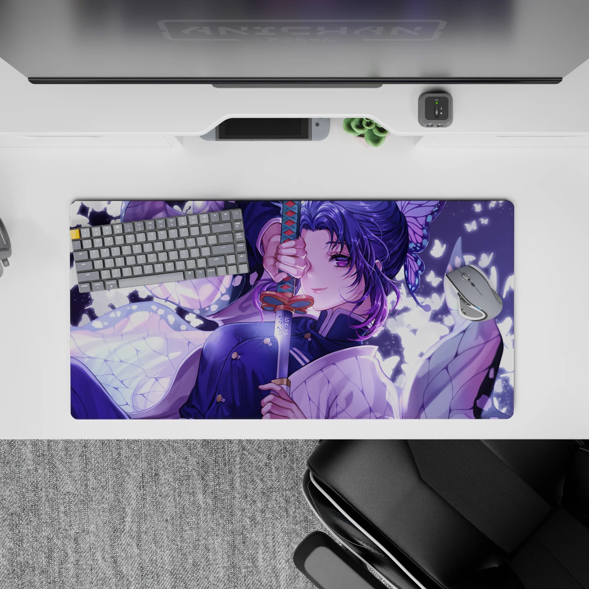Mouse pad 32x16 inches featuring Shinobu from Demon Slayer, lilac butterflies, and her katana in a moonlit scene.