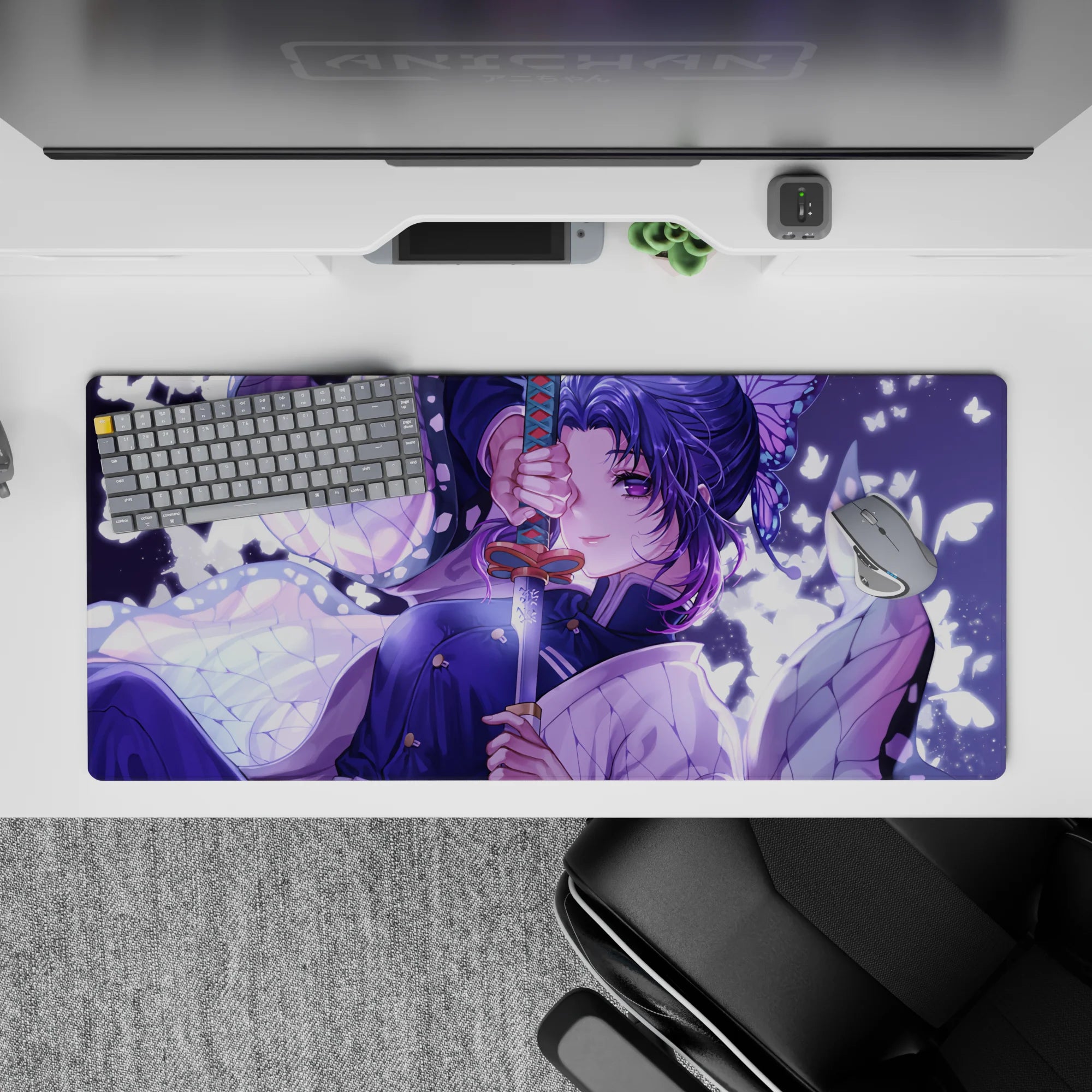 Anime desk pad 36x16 inches featuring Shinobu from Demon Slayer with lilac and white butterfly design.