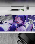 Anime desk pad 36x16 inches featuring Shinobu from Demon Slayer with lilac and white butterfly design.