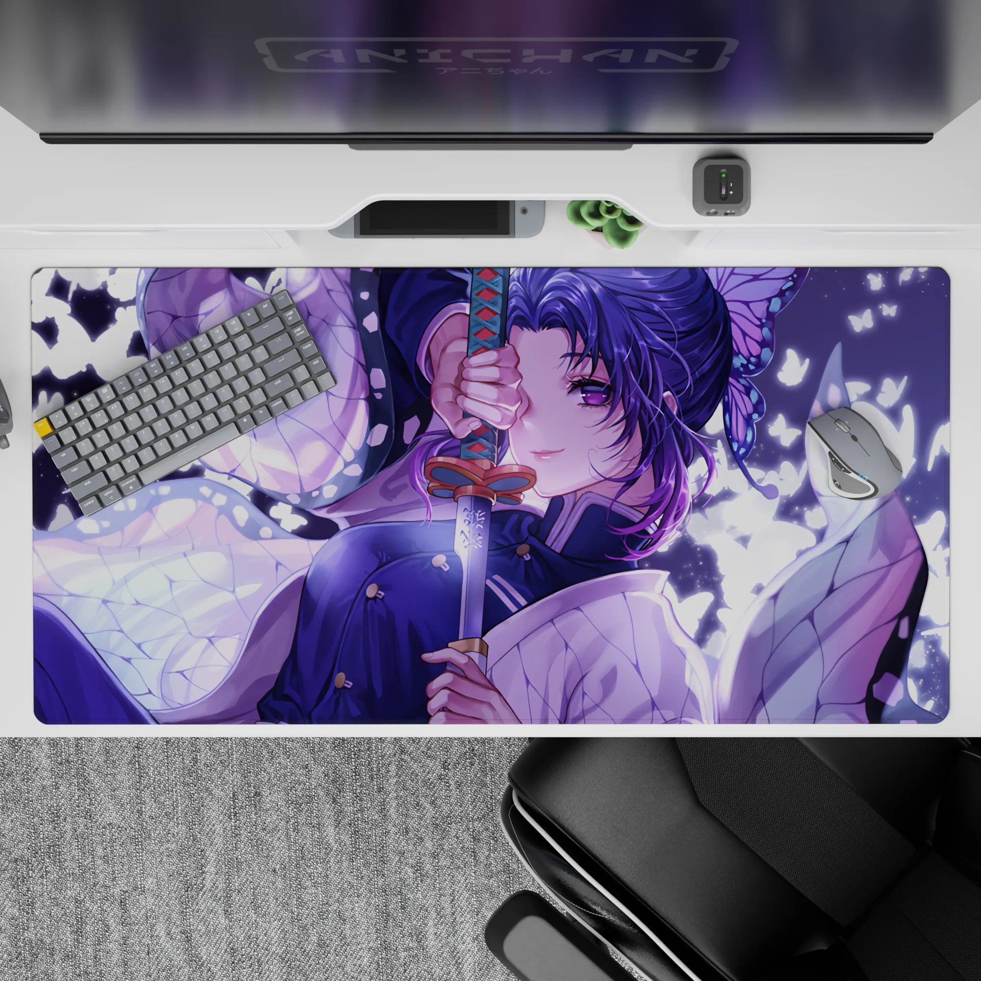 Anime desk pad 40x20 inches featuring Shinobu from Demon Slayer with lilac, white butterflies, and a katana in moonlight.