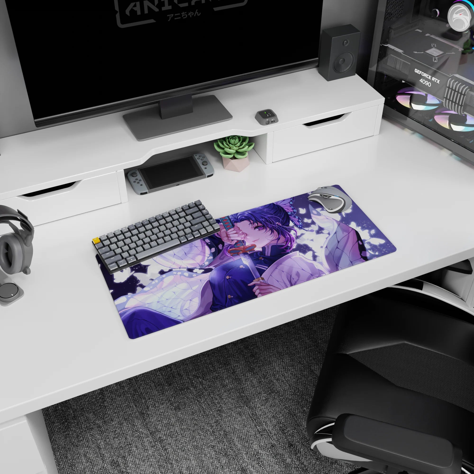 Anime mouse pad 28x12 inches featuring Shinobu from Demon Slayer with lilac hues and white butterflies in moonlight.