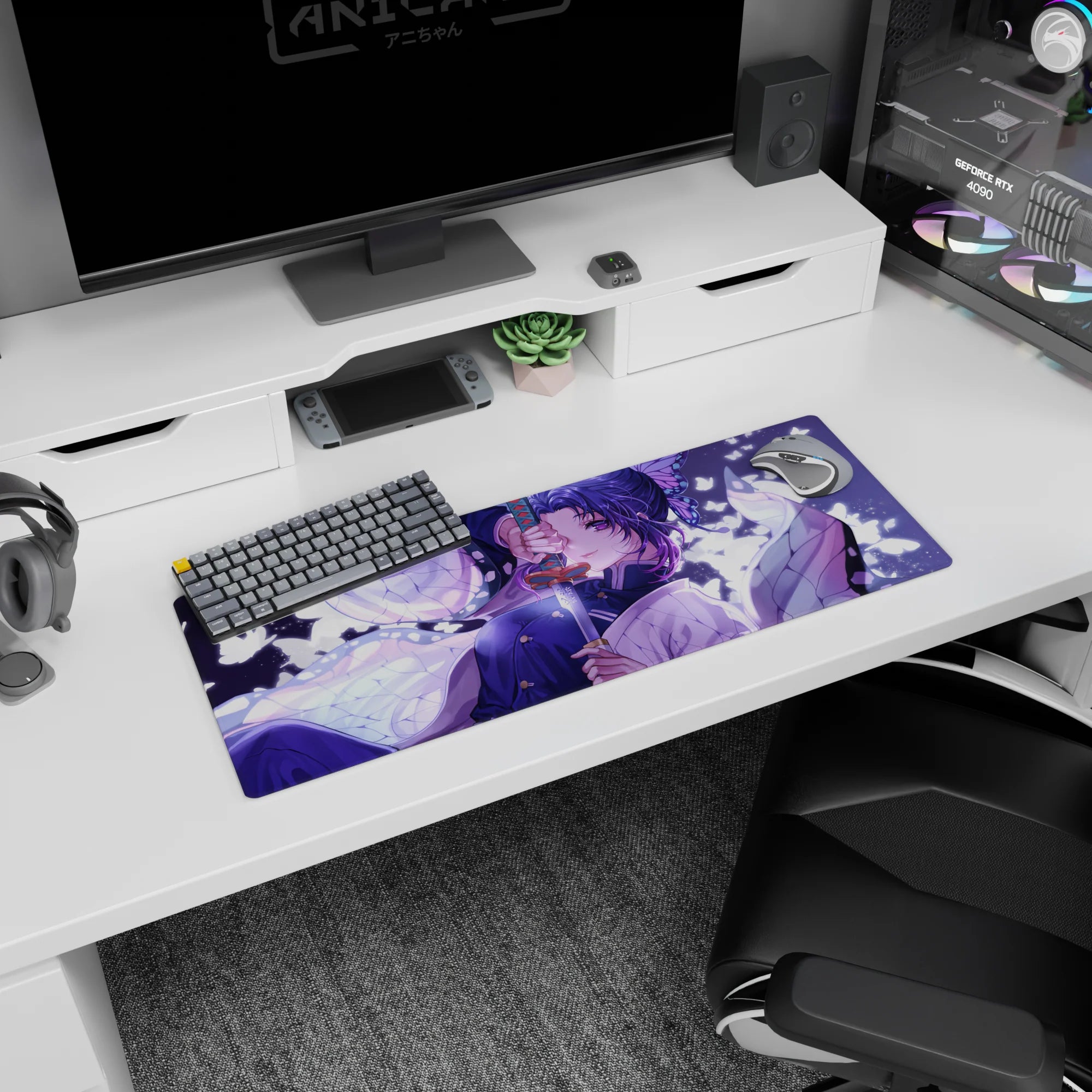 Anime mouse pad 32x12 inches featuring Shinobu from Demon Slayer with a lilac swirl and white butterflies in moonlight.