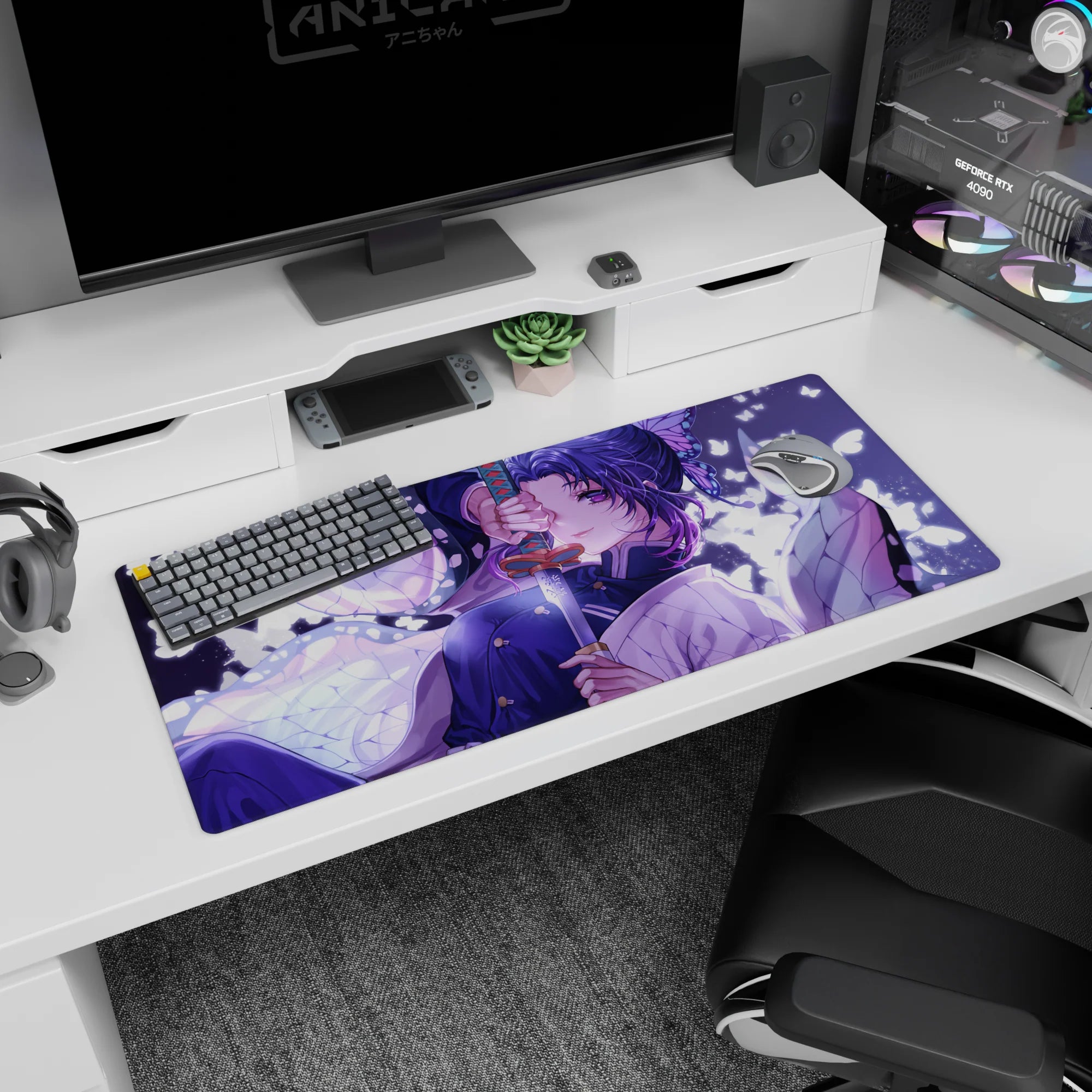 Shinobu Demon Slayer desk pad 36x16 inches with lilac and white butterflies, showcasing her haori and katana in moonlight.
