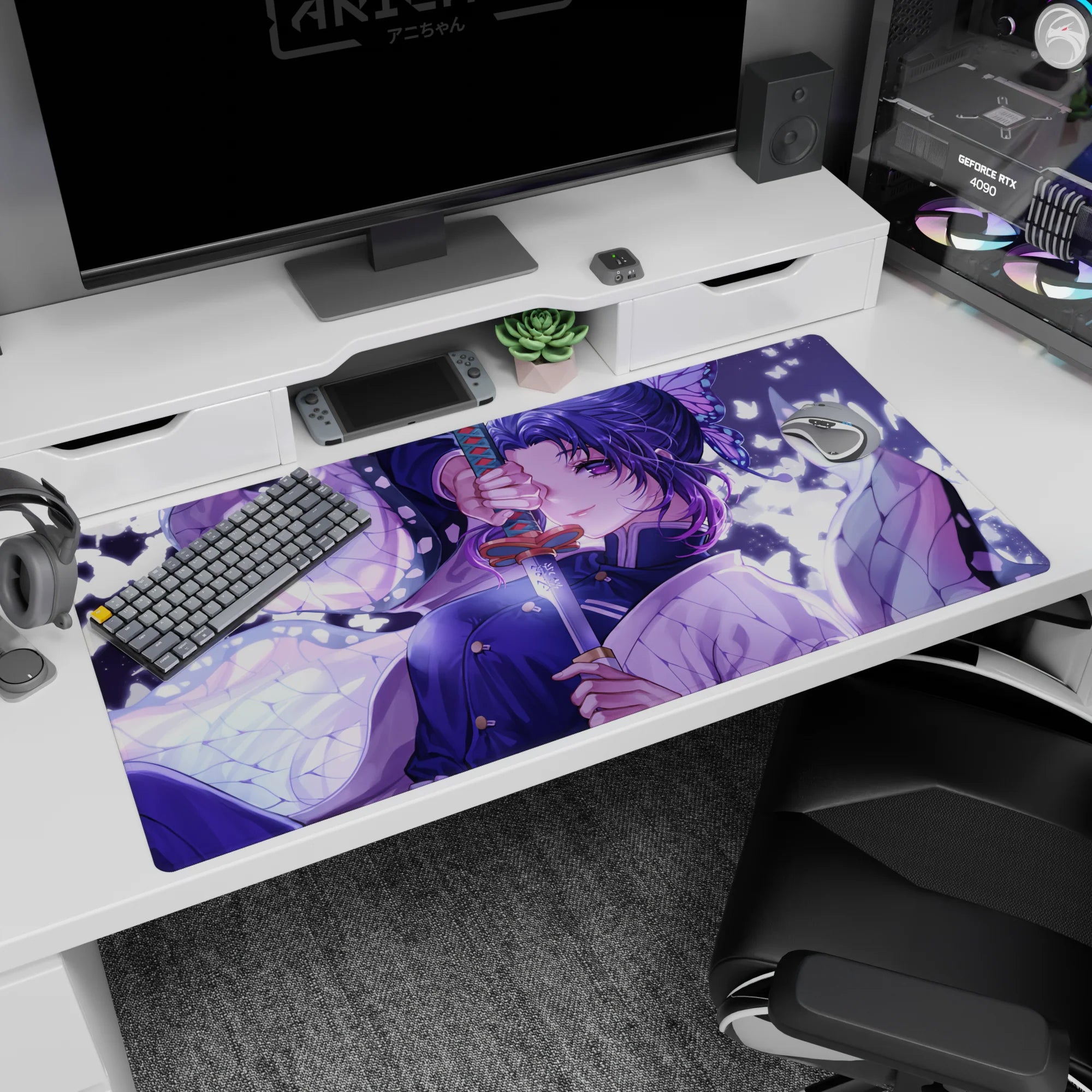 Anime desk pad 40x20 inches featuring Shinobu from Demon Slayer with lilac hues and white butterflies, katana in hand.