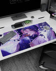 Anime desk pad 40x20 inches featuring Shinobu from Demon Slayer with lilac hues and white butterflies, katana in hand.