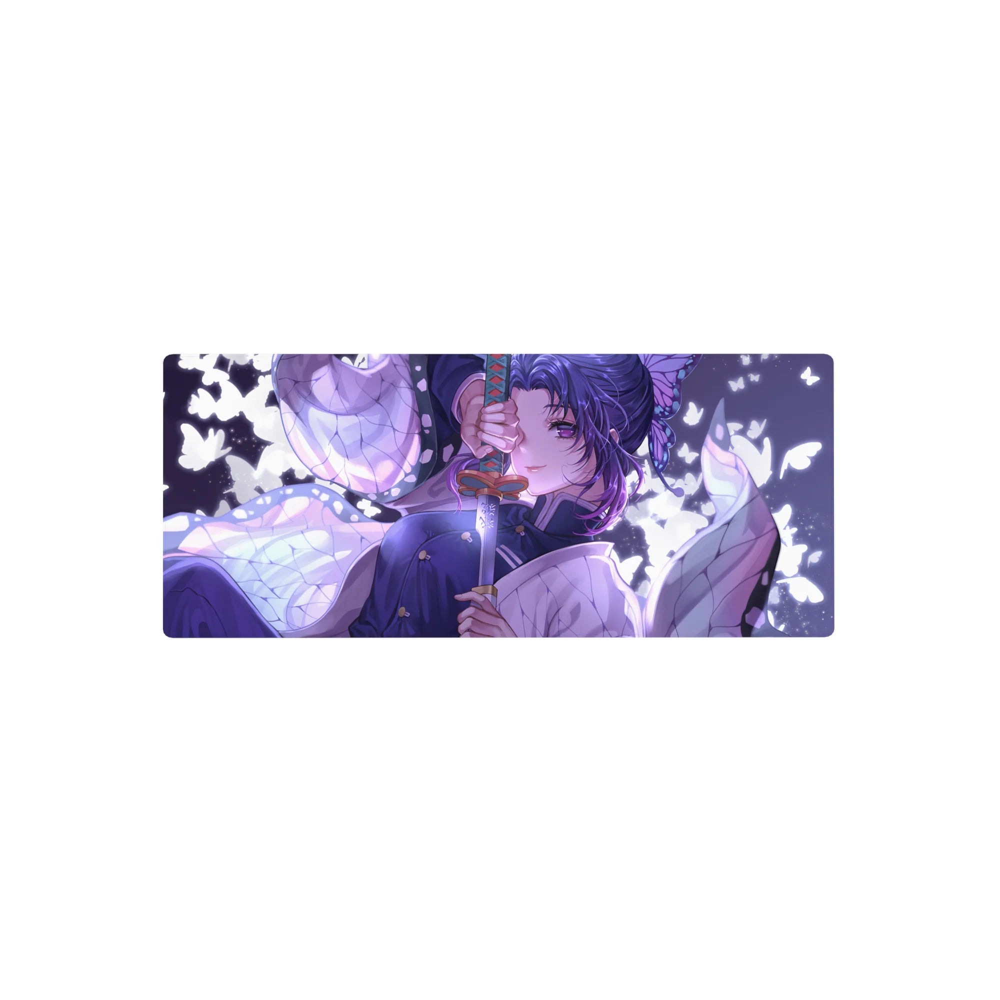 Anime mouse pad 28x12 inches featuring Shinobu from Demon Slayer with lilac tones, butterflies, and her signature katana.