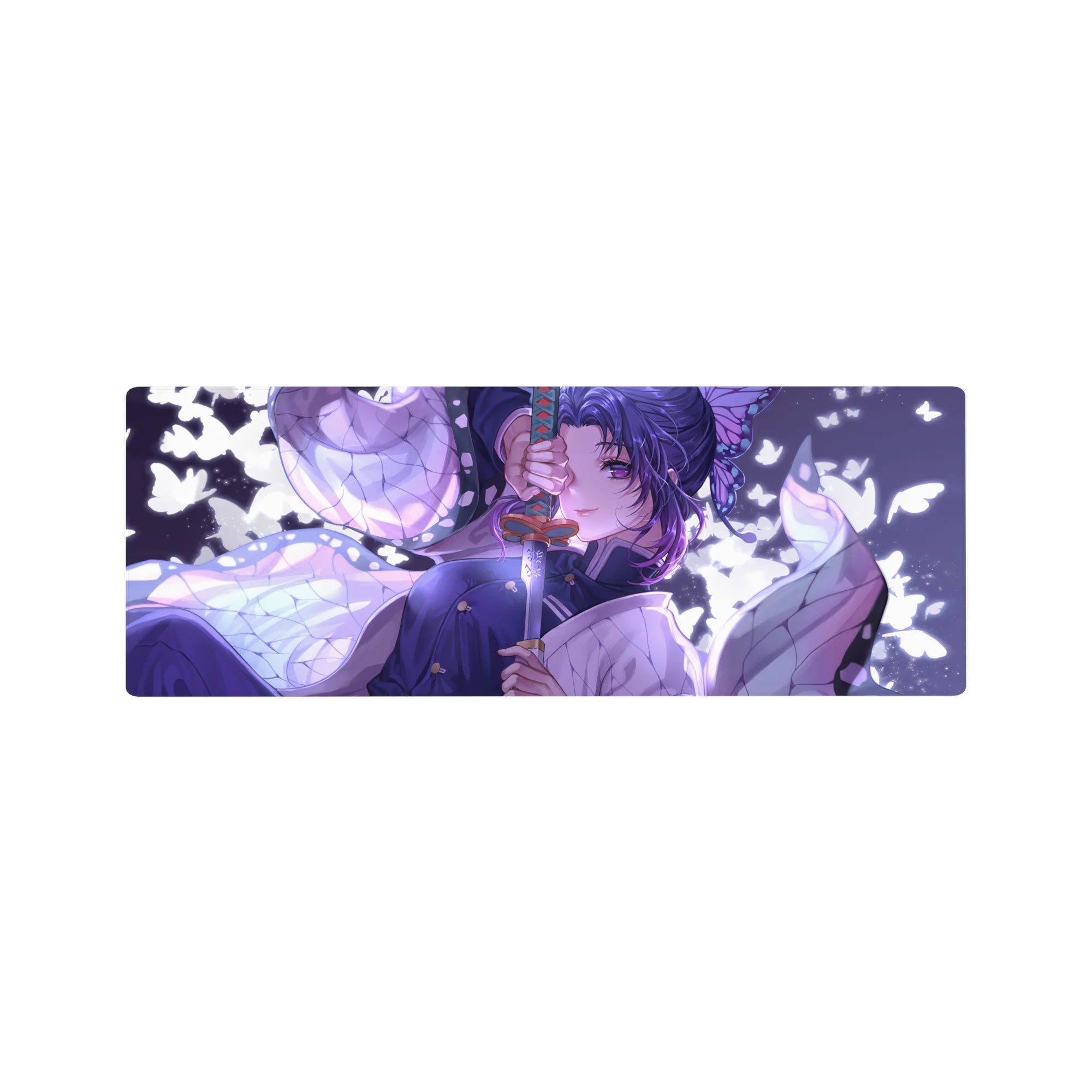 Anime mouse pad 32x12 inches featuring Shinobu from Demon Slayer with lilac hues and butterfly-wing haori in moonlight.