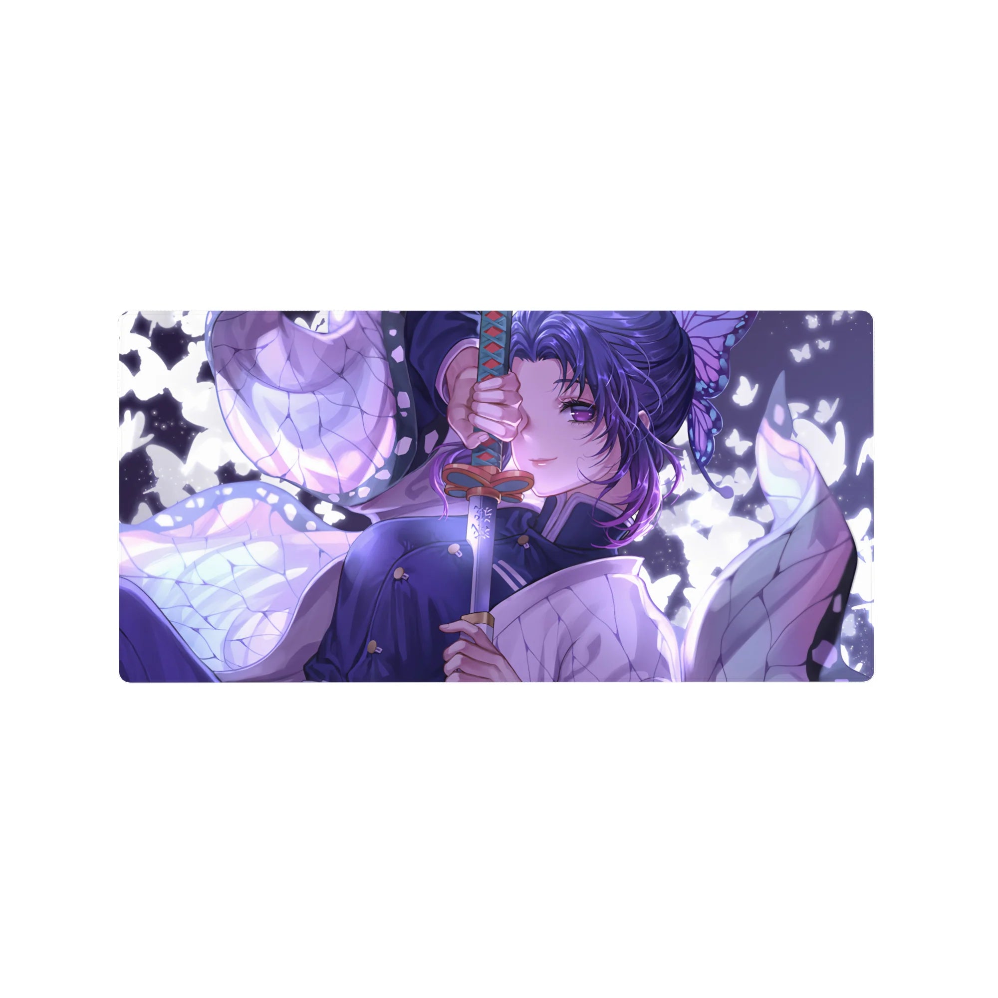 Anime mouse pad 32x16 inches featuring Shinobu from Demon Slayer with lilac and white butterflies, katana in hand.