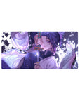 Anime mouse pad 32x16 inches featuring Shinobu from Demon Slayer with lilac and white butterflies, katana in hand.