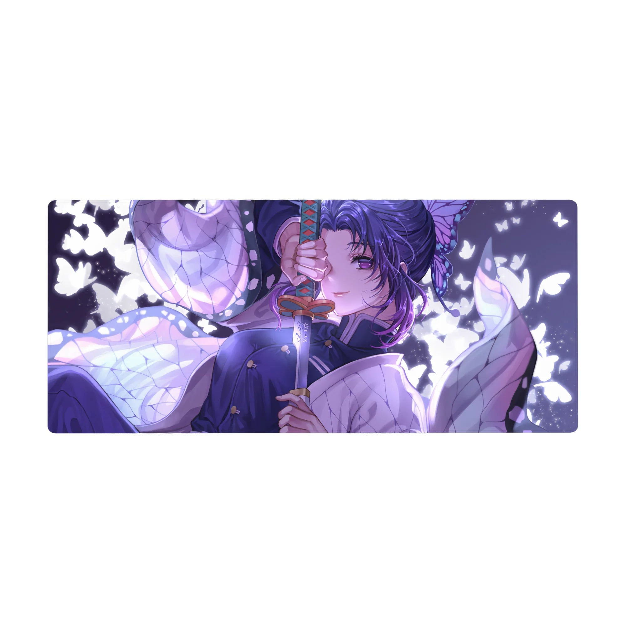 Anime desk pad featuring Shinobu from Demon Slayer, 36x16 inches, with lilac and white butterflies, katana in hand.