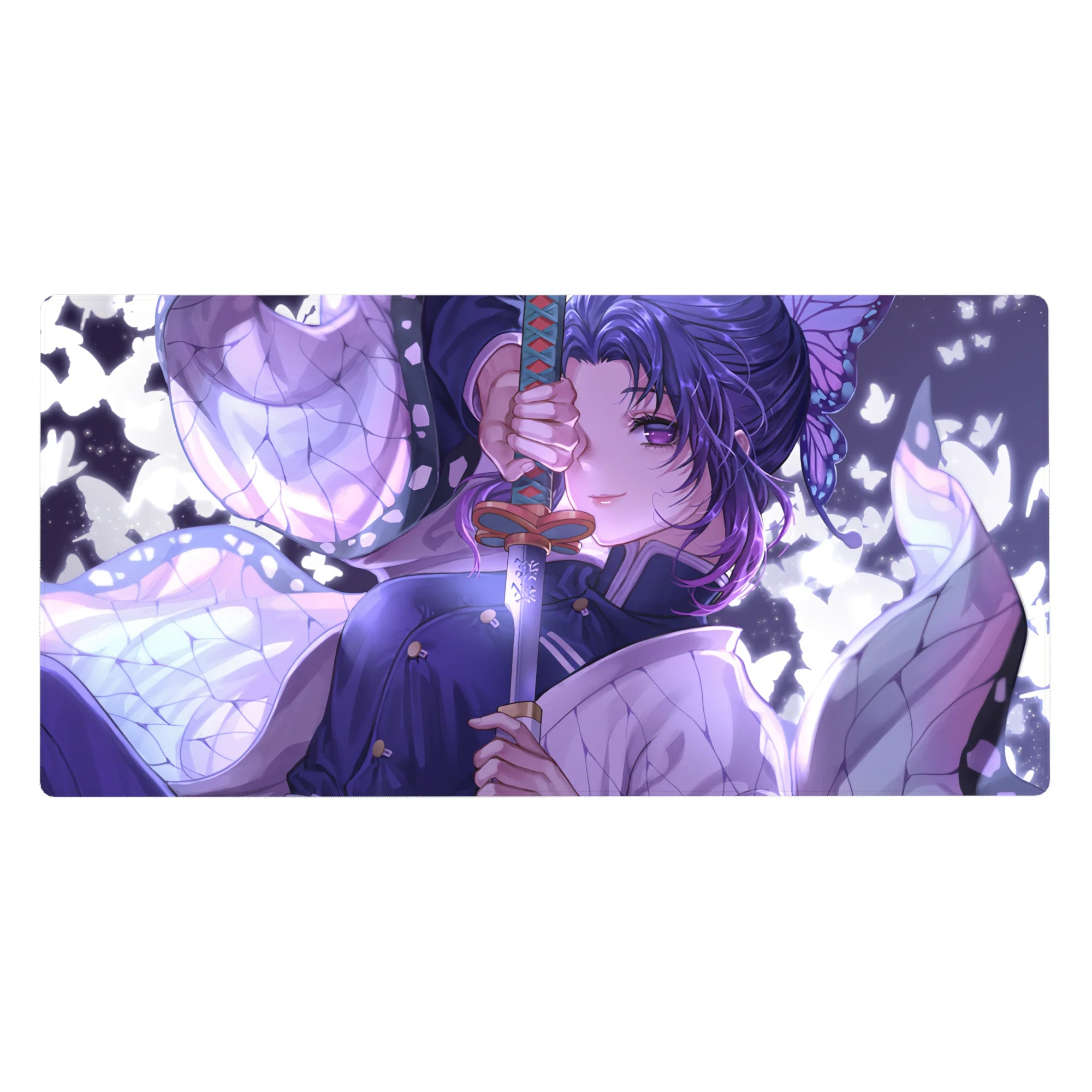 Desk pad 40x20 inches featuring Shinobu from Demon Slayer, with lilac swirls, white butterflies, and her katana.