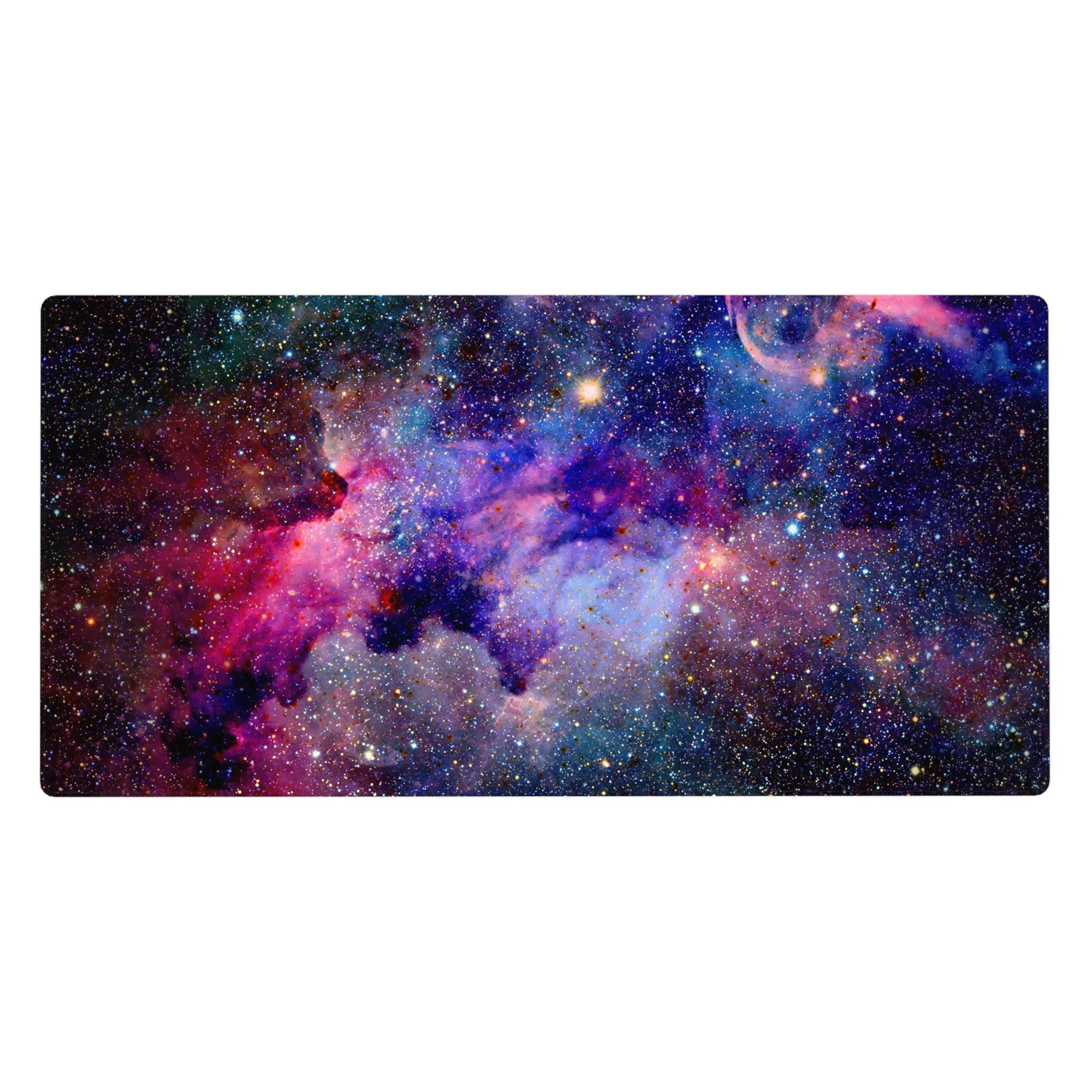 Galaxy nebula desk pad 40x20 inches with star-speckled night sky swirl design for mouse and keyboard.
