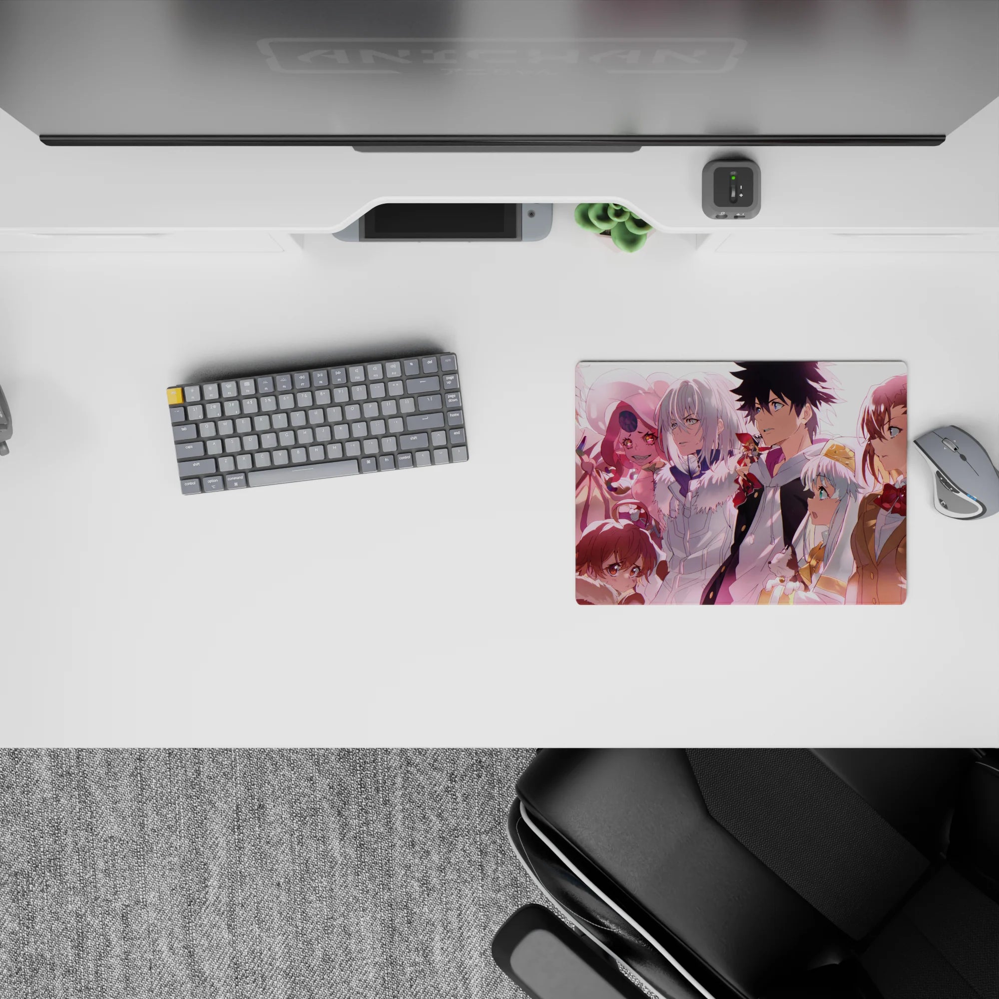 Sunset pink and peach anime mouse pad 14x10 inches, warm soft glow, cozy determined vibe for late nights.