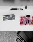 Sunset pink and peach anime mouse pad 14x10 inches, warm soft glow, cozy determined vibe for late nights.