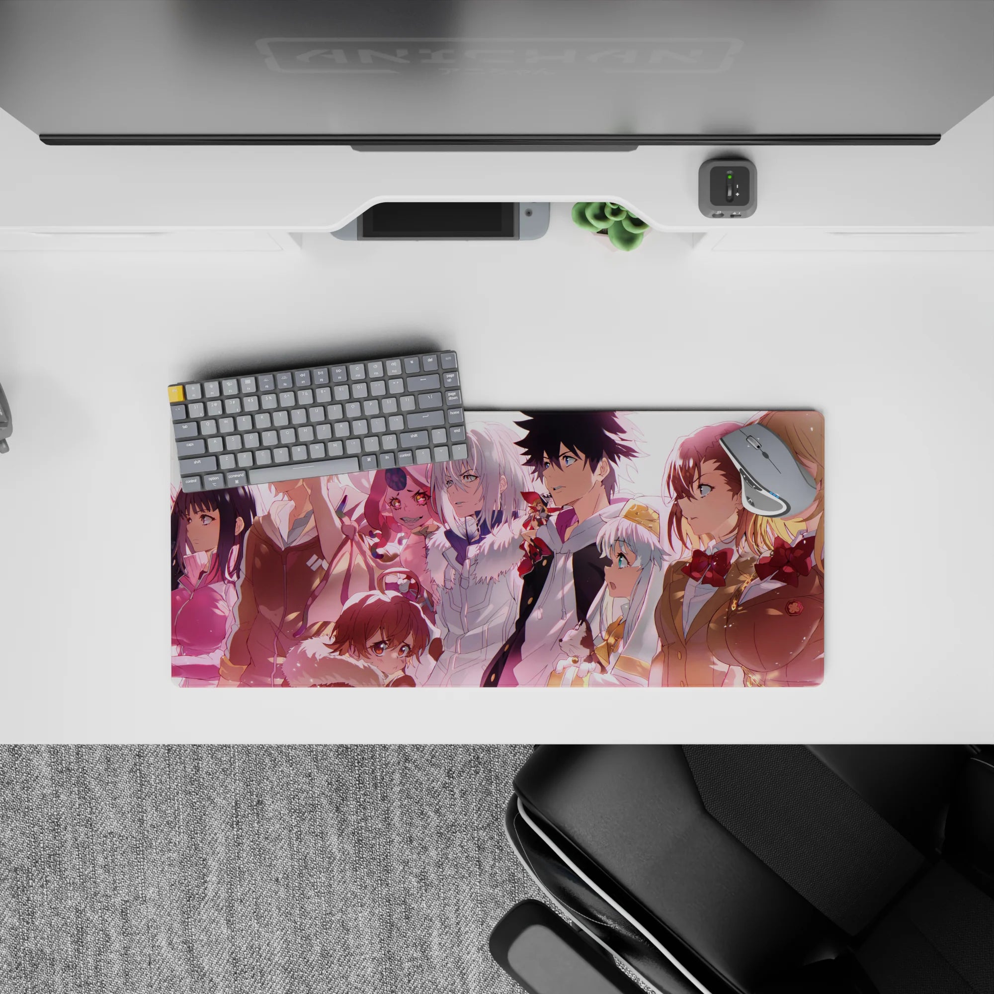 28x12 inches anime mouse pad in warm sunset pink and peach tones, smooth and comforting late-night vibe.