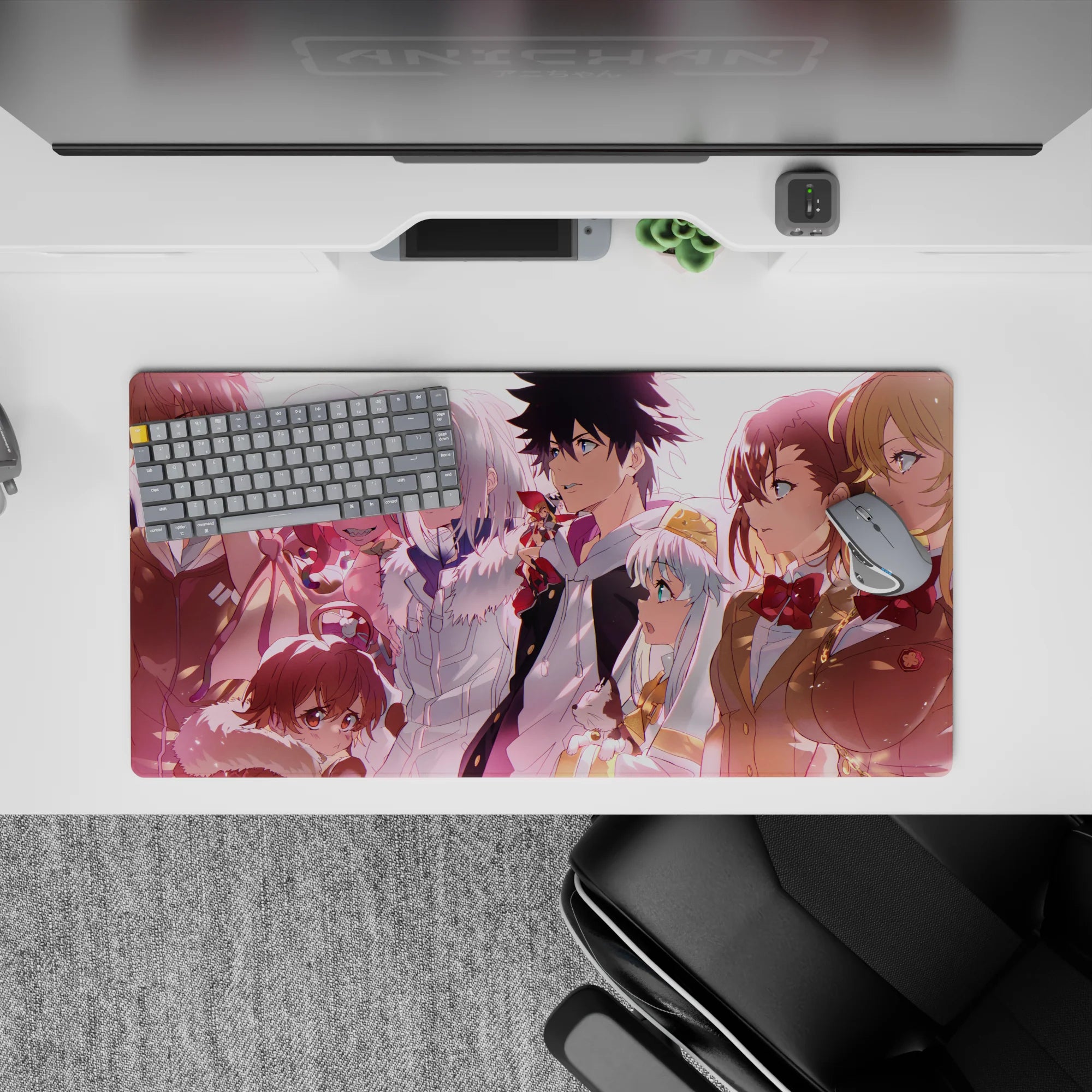32x16 inches anime mouse pad in warm sunset pinks and peach tones, bright, smooth, comforting night vibe.