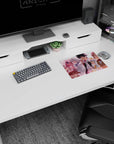 Team facing forward at sunset anime mouse pad 14x10 inches, playful grinning girl beside cool silver-haired.