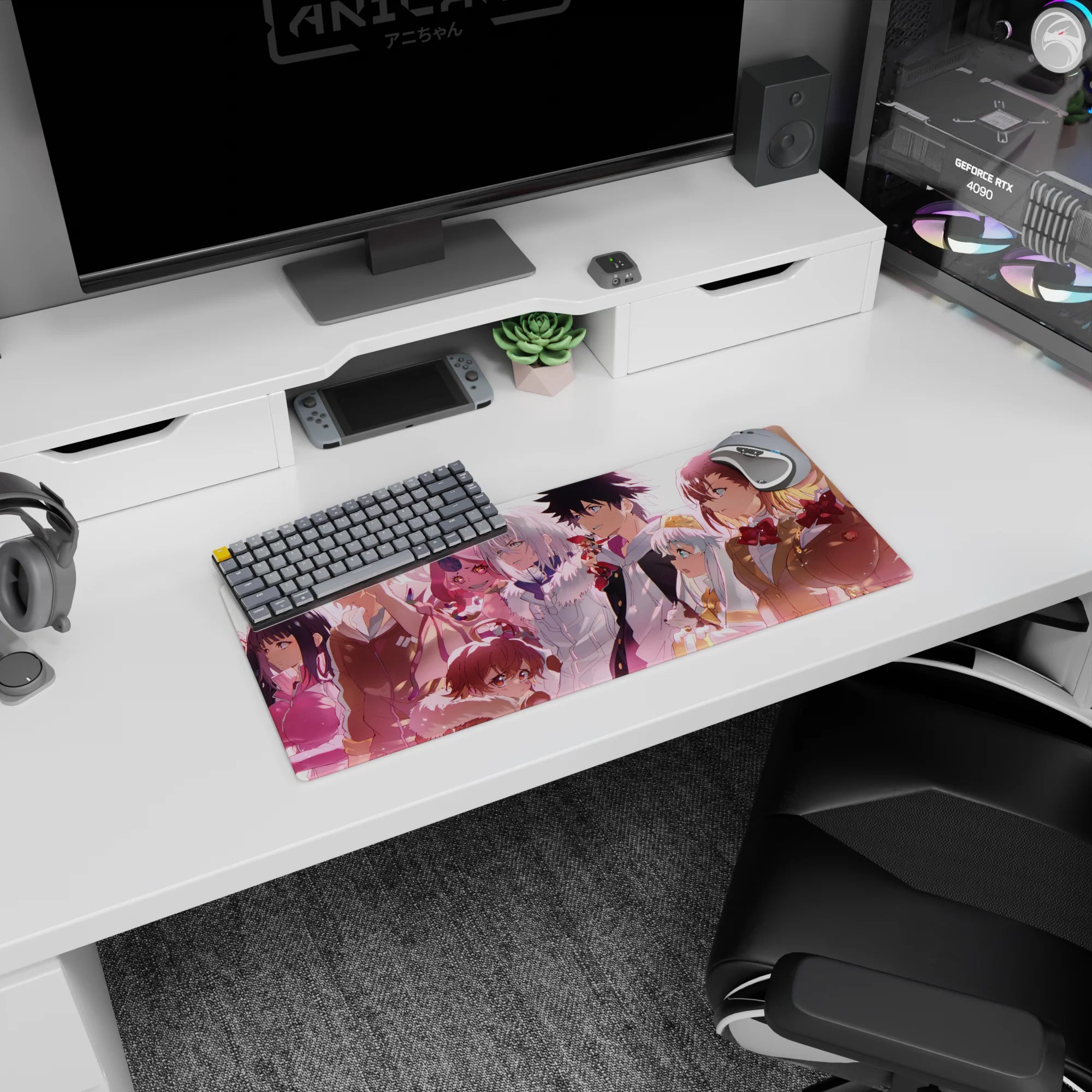 28x12 inches anime mouse pad showing a grinning chaotic girl beside a cool silver-haired teammate at sunset.