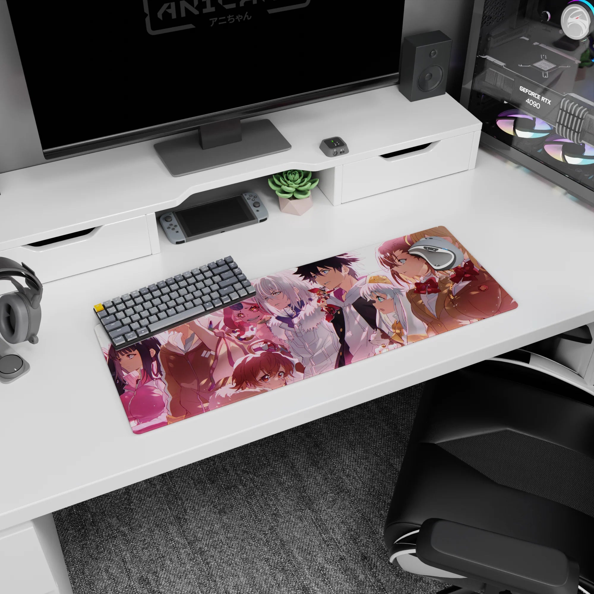 32x12 inches anime mouse pad showing a grinning chaotic girl beside a cool silver-haired teammate, facing forward.