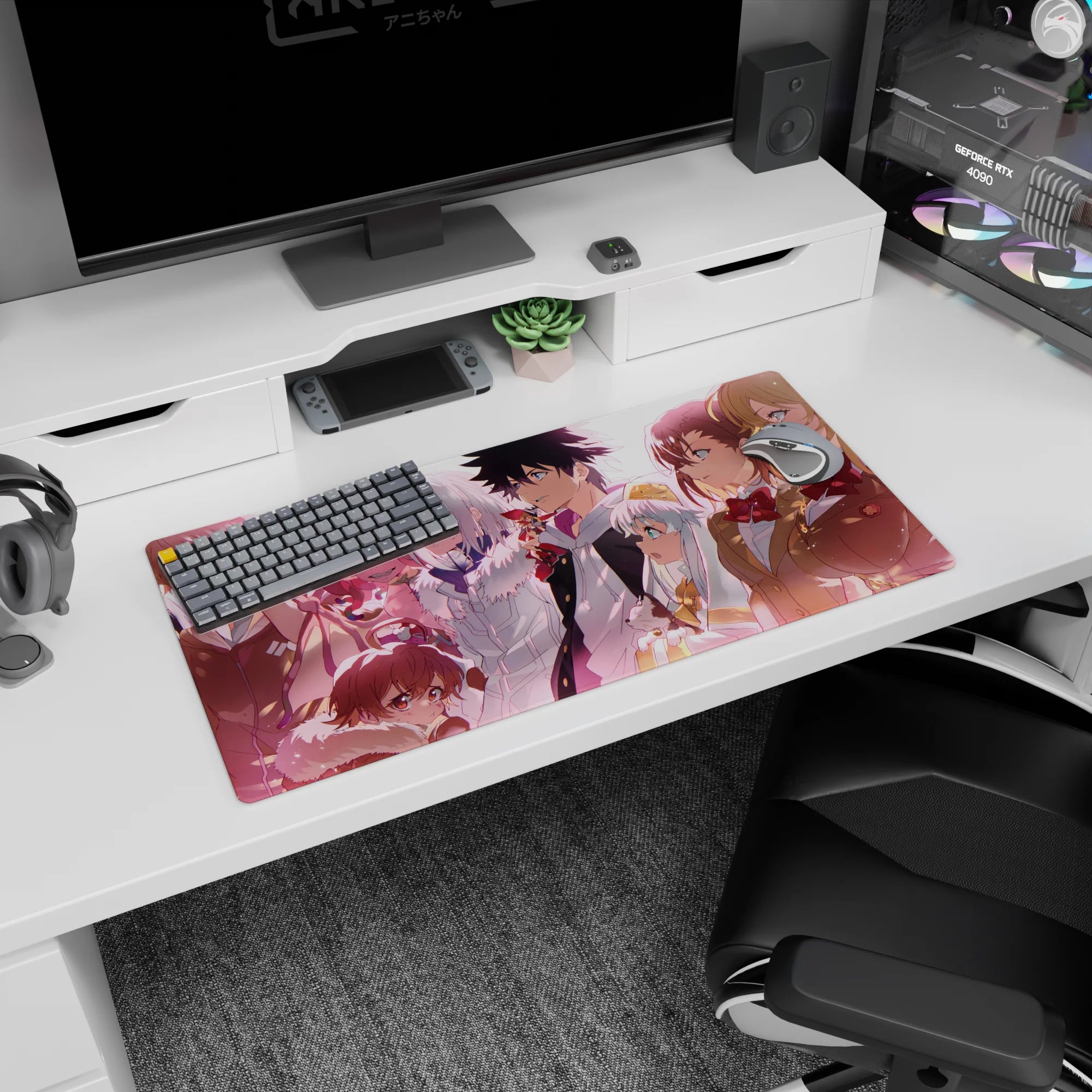 32x16 inches anime mouse pad featuring grinning chaotic girl and cool silver-haired teammate facing forward.