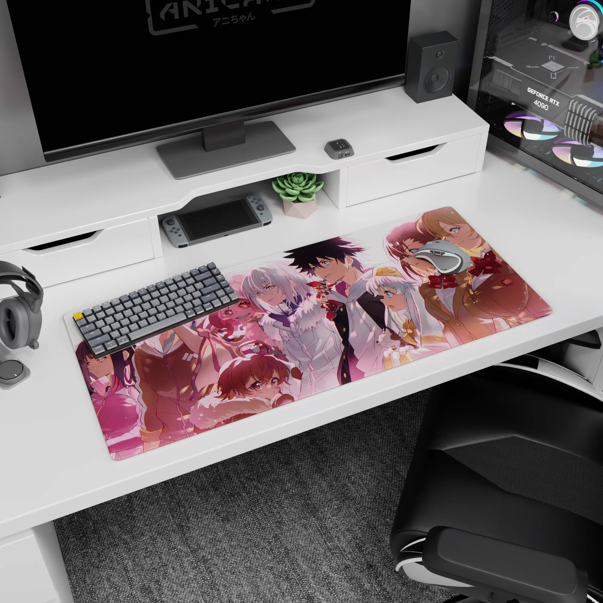 Playful grinning girl and cool silver-haired teammate on anime desk pad 36x16 inches, facing forward.