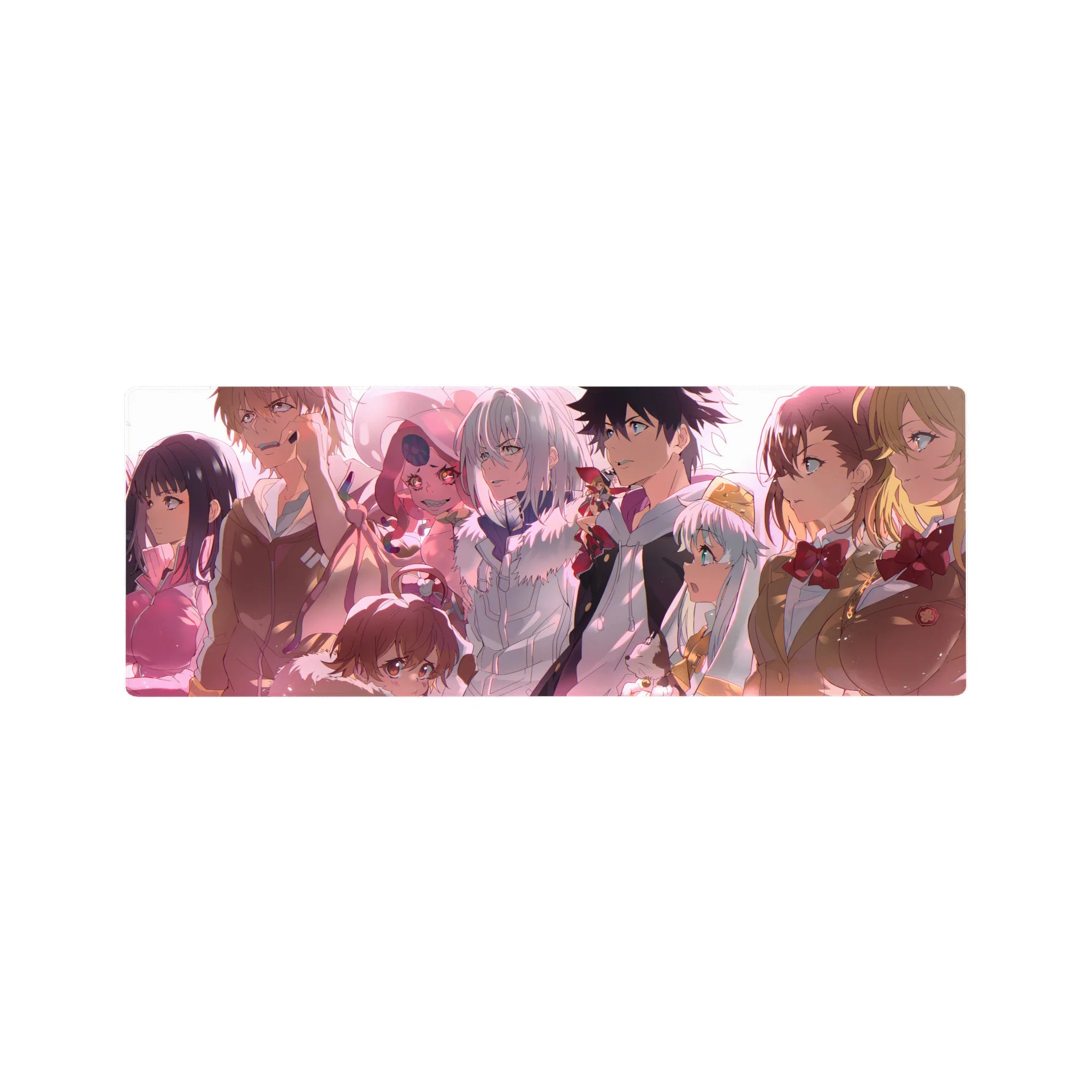 32x12 inches anime mouse pad with full team lineup at sunset, crisp uniforms, fur trims, gold-accent jacket.