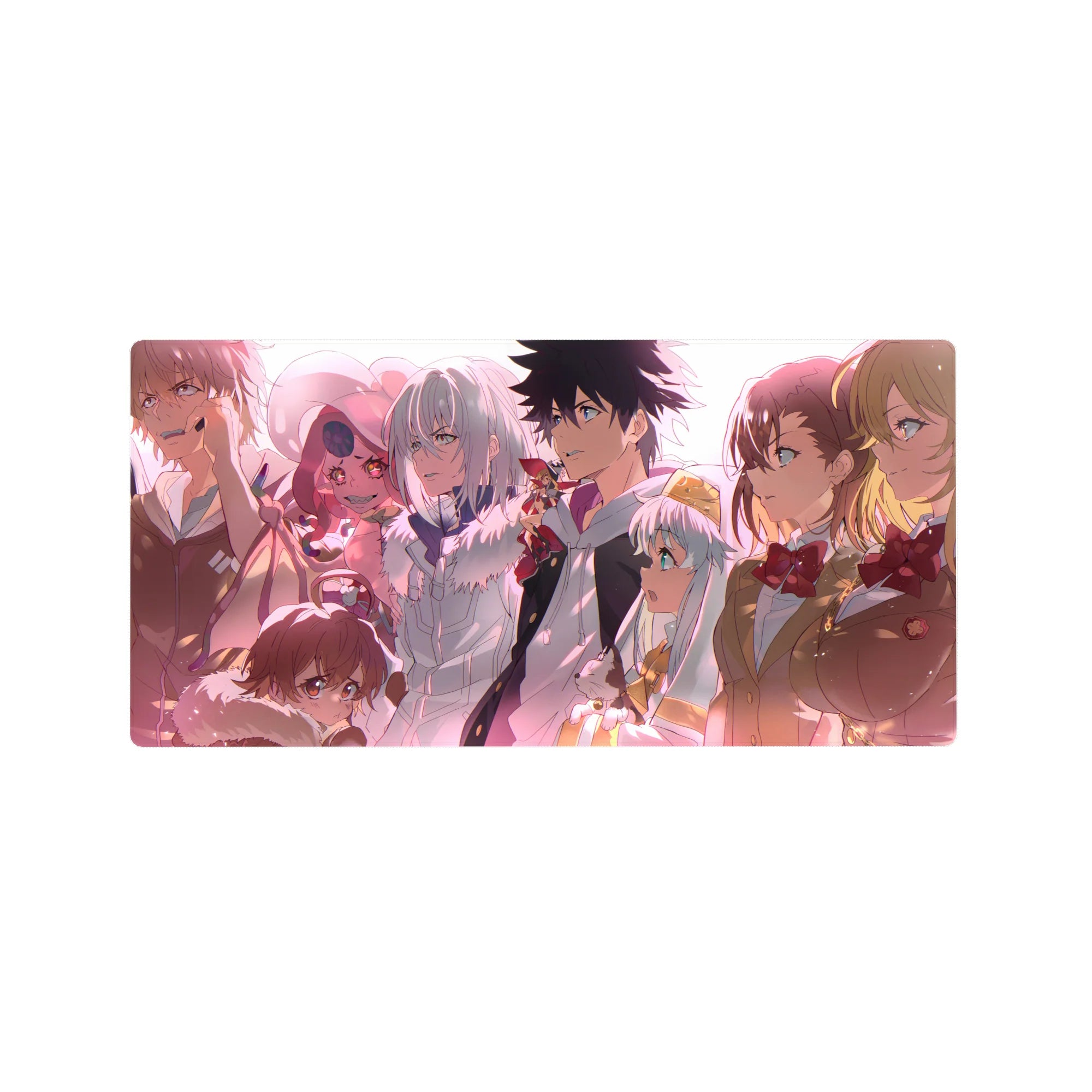 32x16 inches anime mouse pad with full team lineup, crisp uniforms, fur trims, and gold-accent jacket.