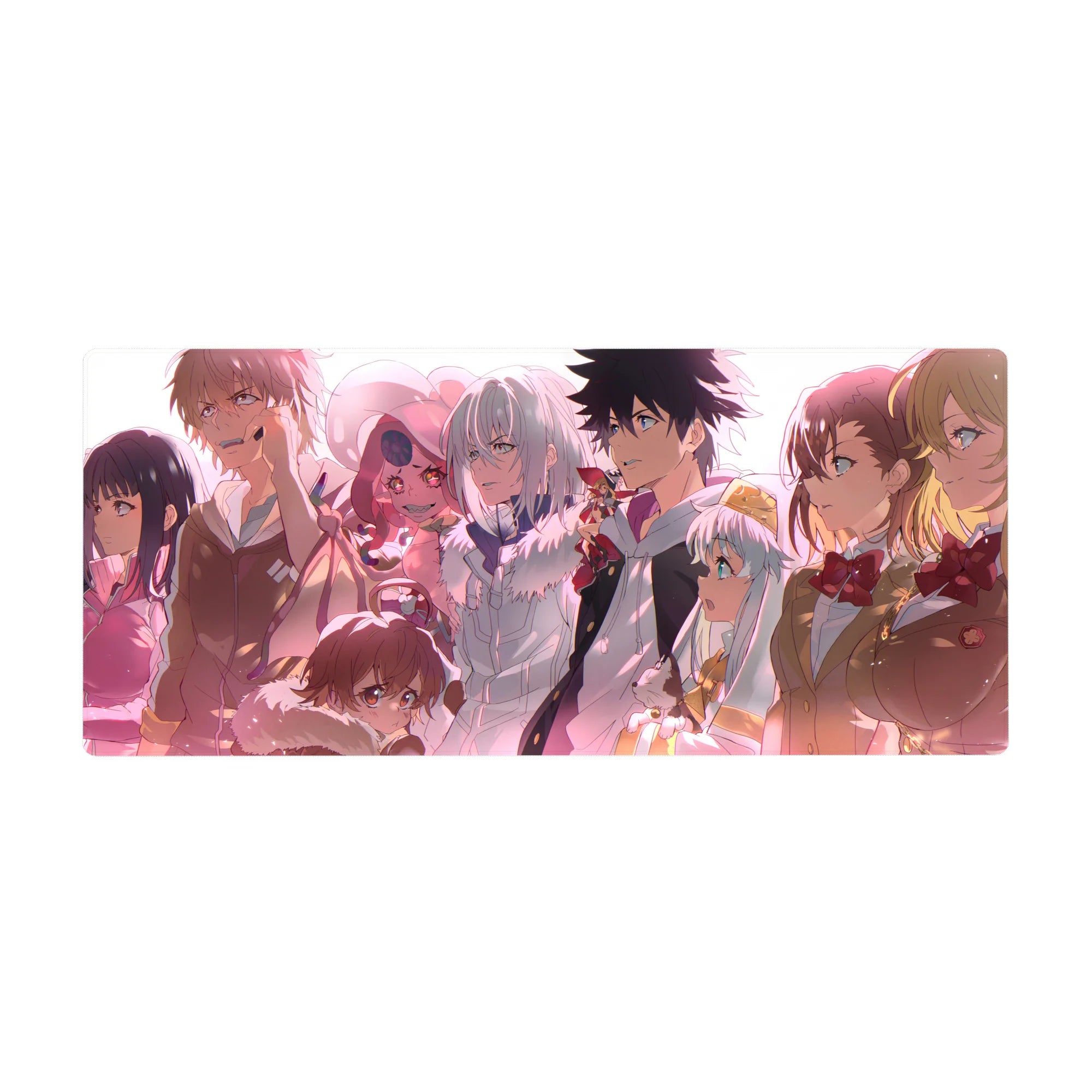 Anime team lineup desk pad 36x16 inches with crisp uniforms, fur trims, and gold-accented dark jacket.