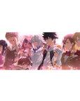 Anime team lineup desk pad 36x16 inches with crisp uniforms, fur trims, and gold-accented dark jacket.
