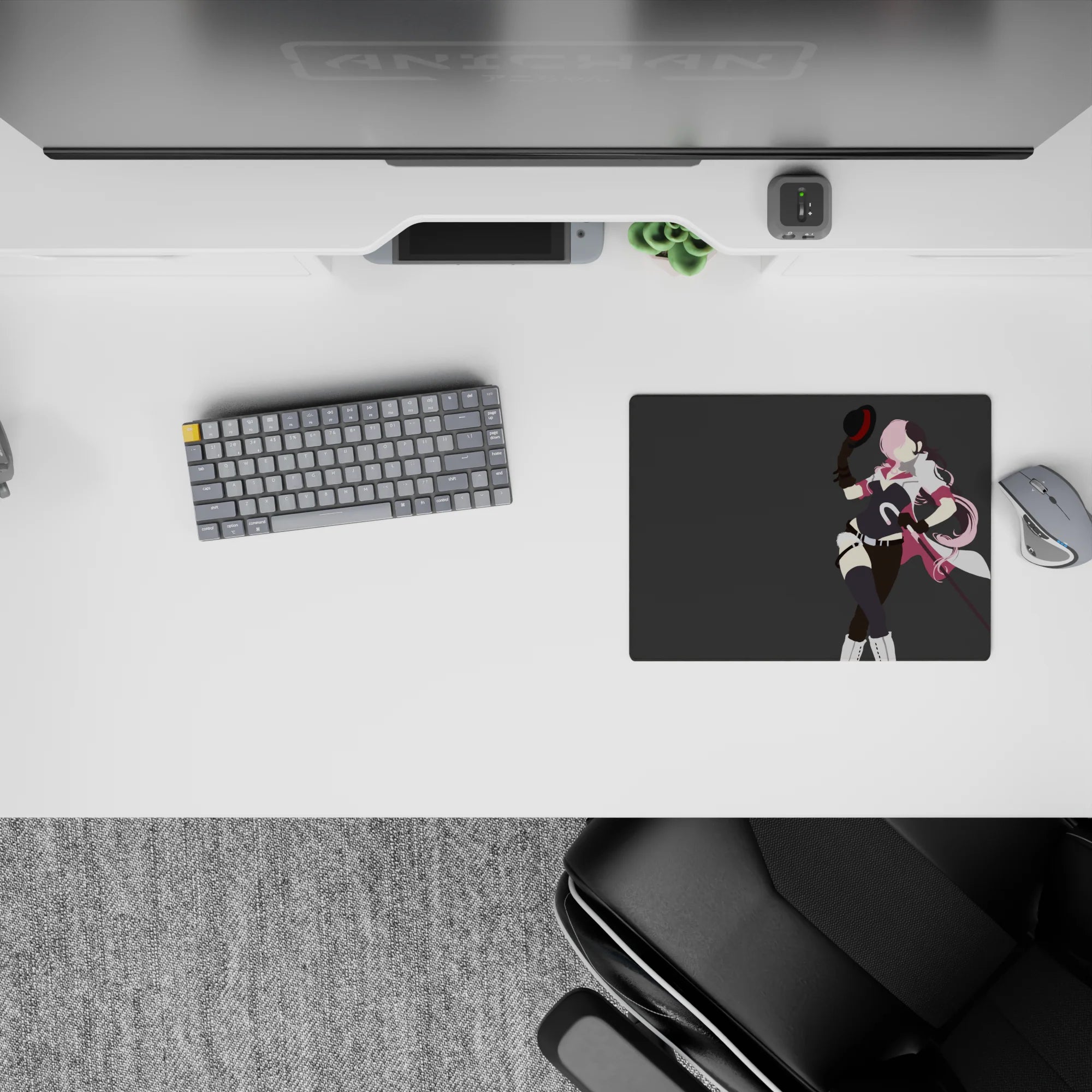 Bold pink-and-black anime mouse pad 14x10 inches, flirty wink vibe on a clean gray background.