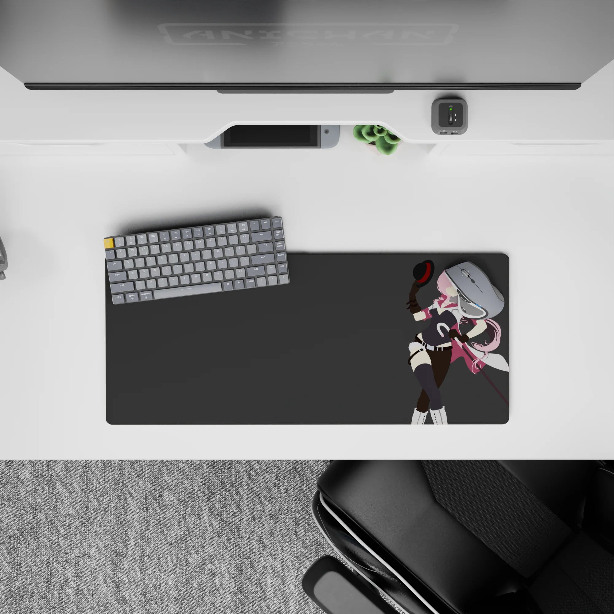 28x12 inches anime desk mouse pad in bold pink and black tones, flirty confident vibe on flat gray.