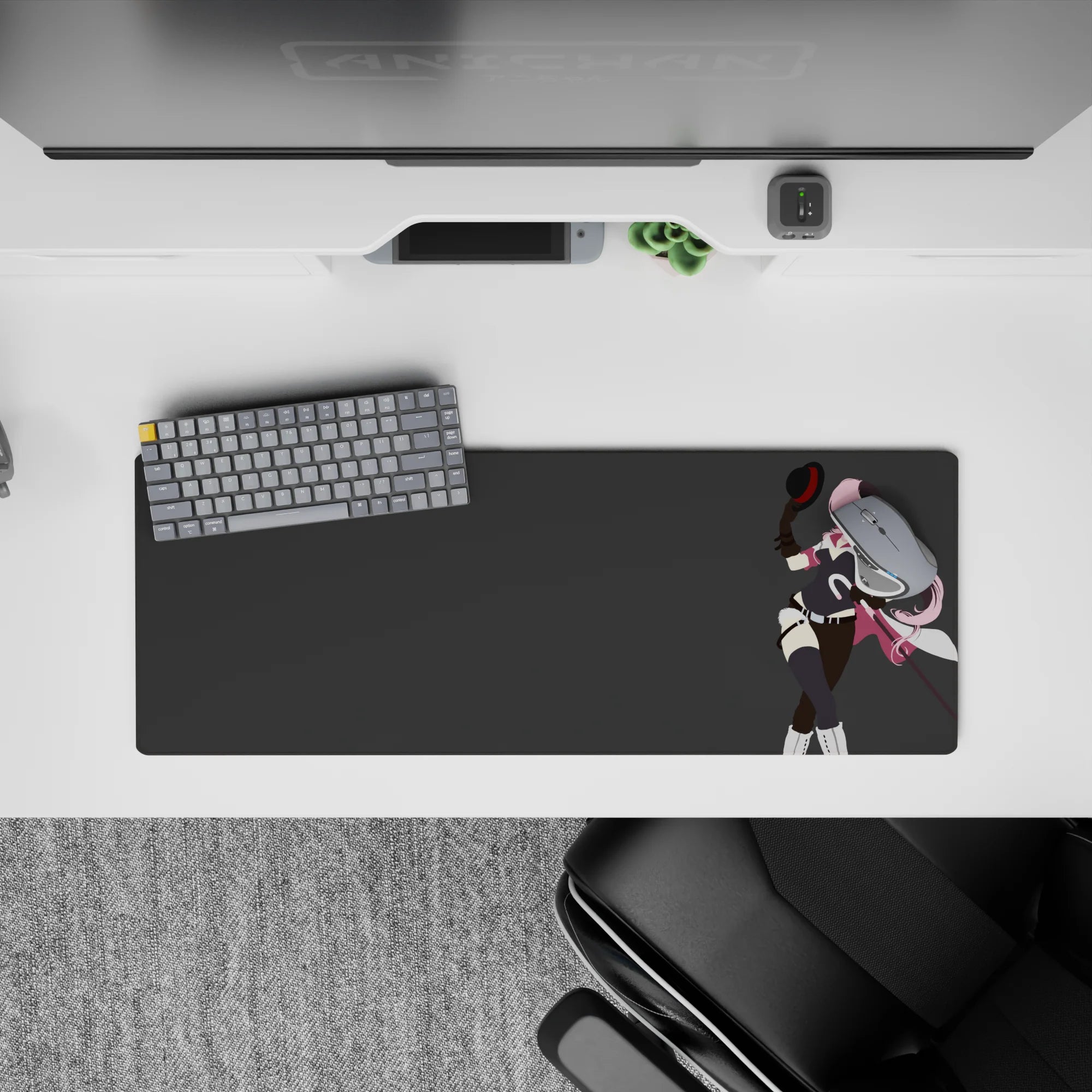 Bold pink and black anime girl mouse pad 32x12 inches on flat gray background, flirty confident vibe.