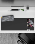 Bold pink and black anime girl mouse pad 32x12 inches on flat gray background, flirty confident vibe.
