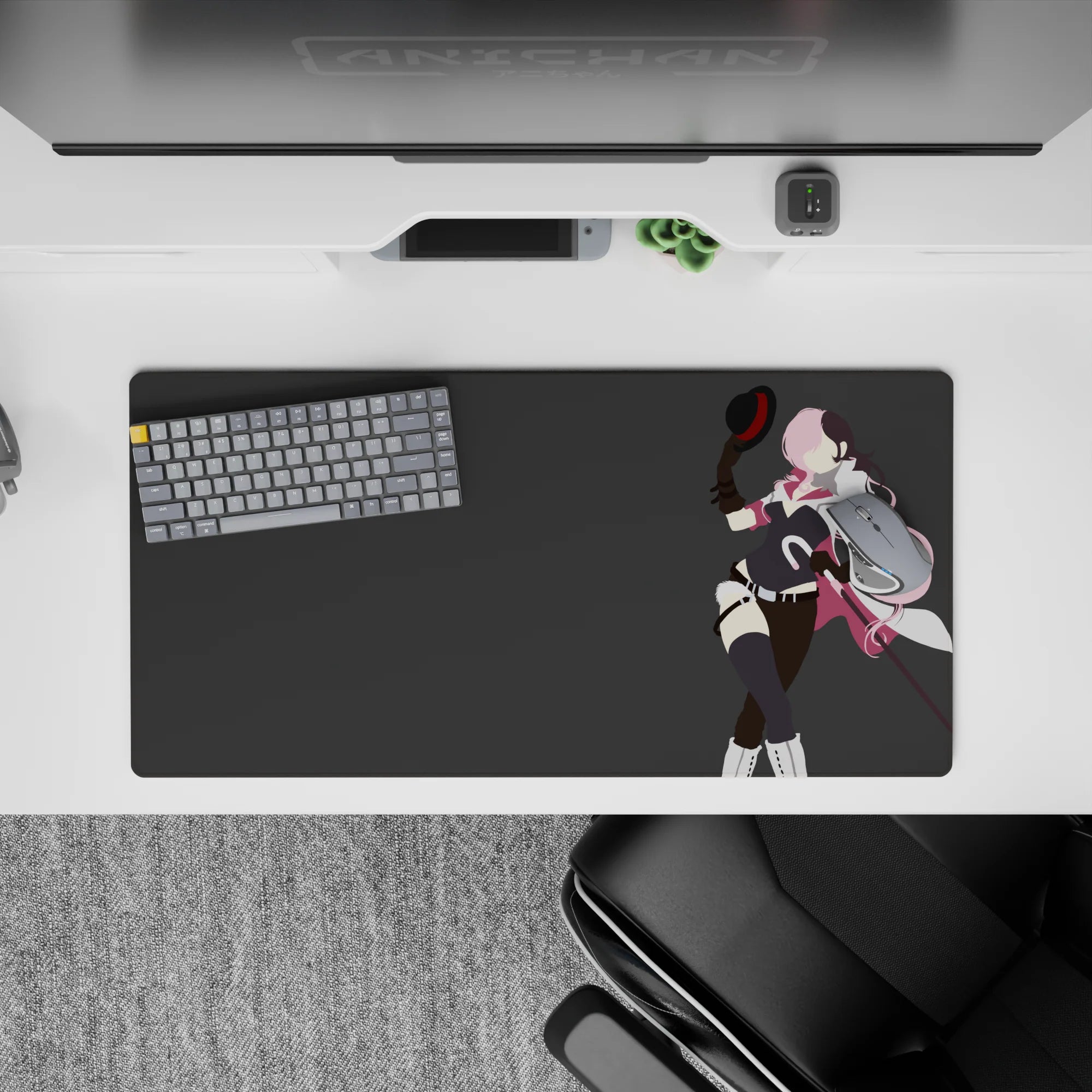 32x16 inches anime desk mouse pad in bold pink and black tones, flirty wink vibe on a clean gray background.