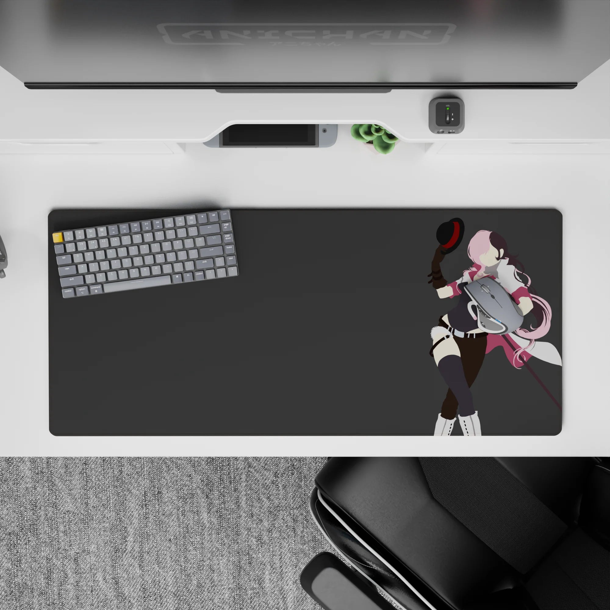 36x16 inches anime desk pad in bold pink and black tones, flirty confident vibe on a clean gray background.