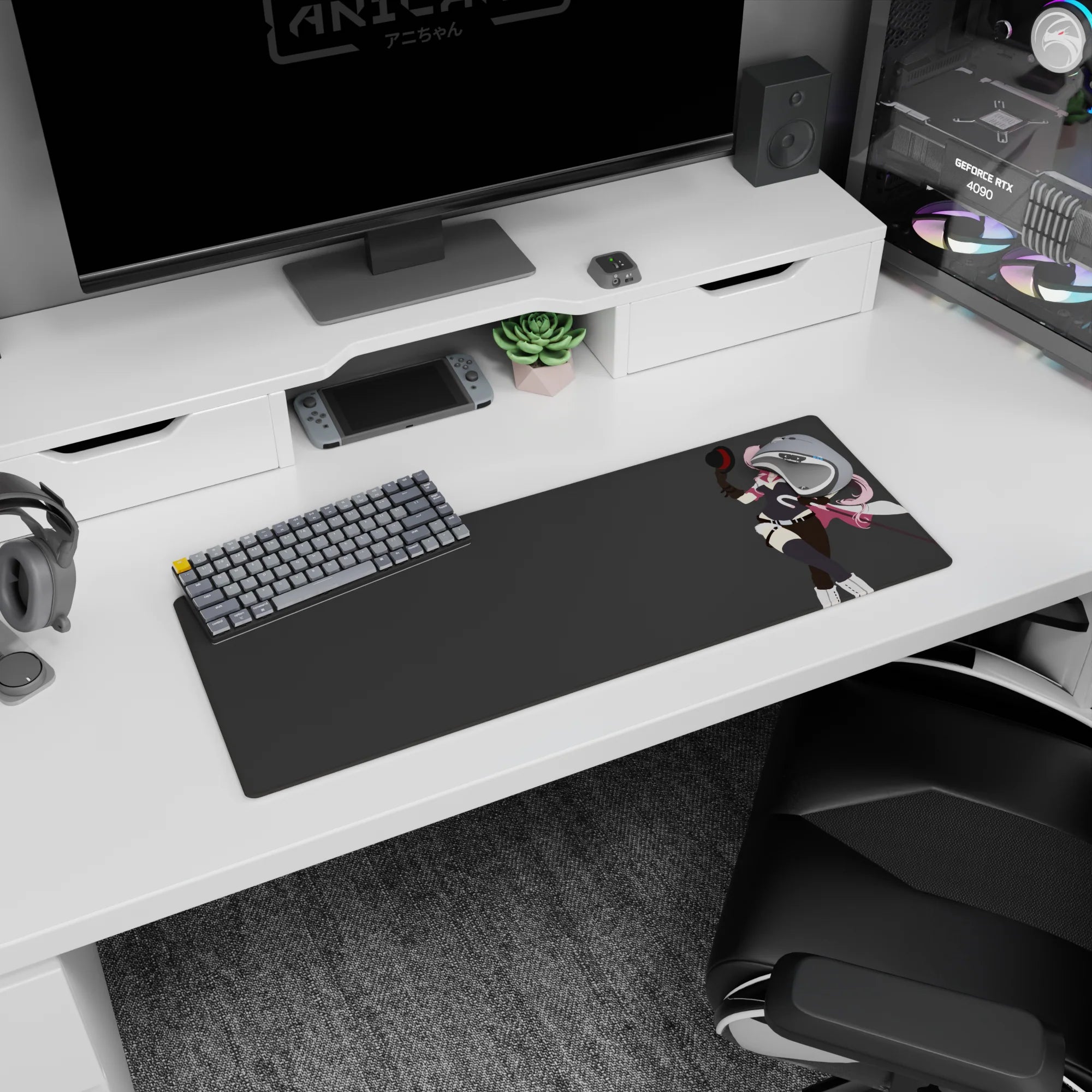 32x12 inches anime desk mat showing pink-haired girl posing with baton, white boots, sleek black suit.